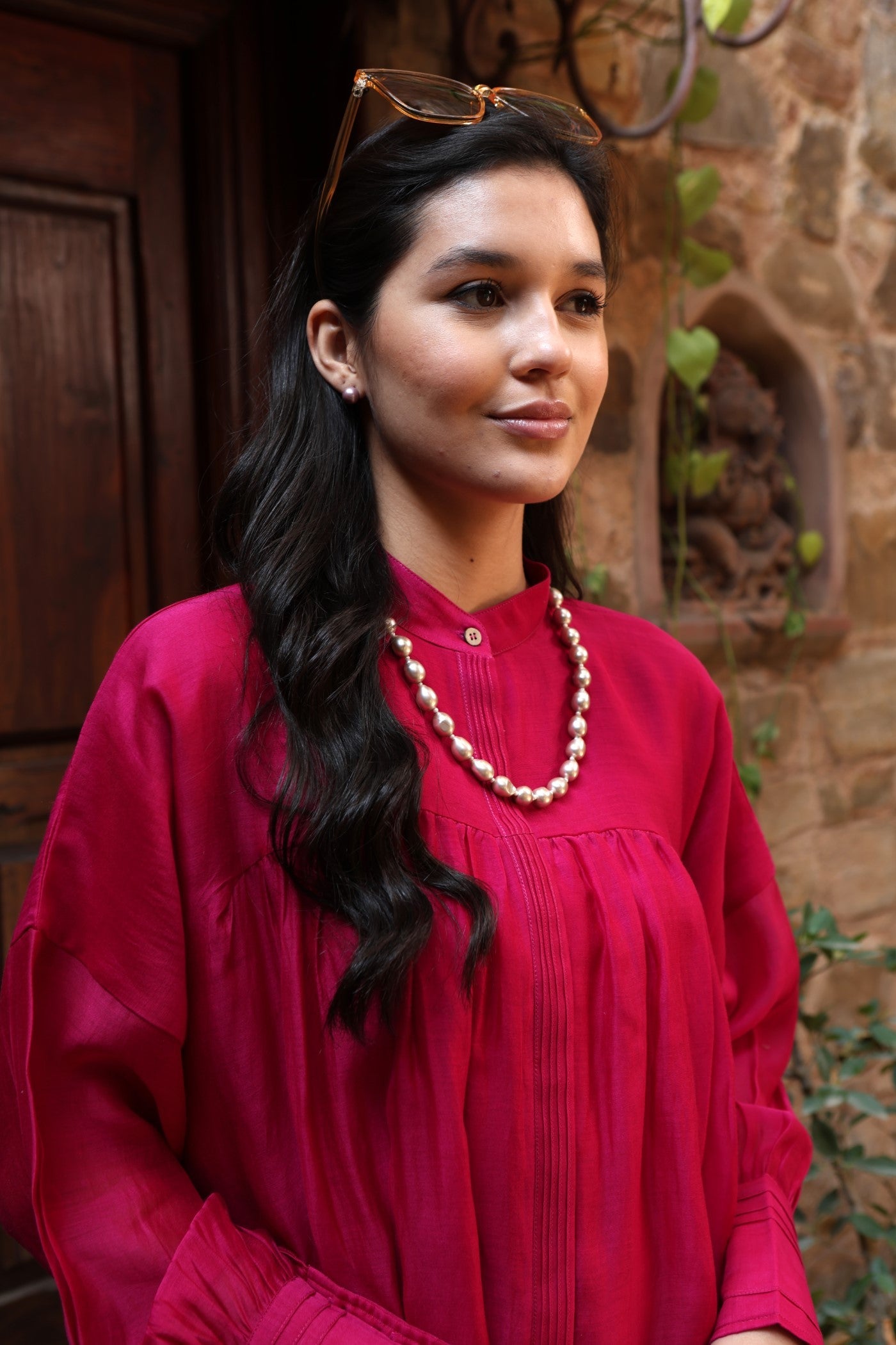 Dusty-Blue Pure Silk-Cotton Band-Collared Front-Open Short-Blouse With Pintucked Placket
