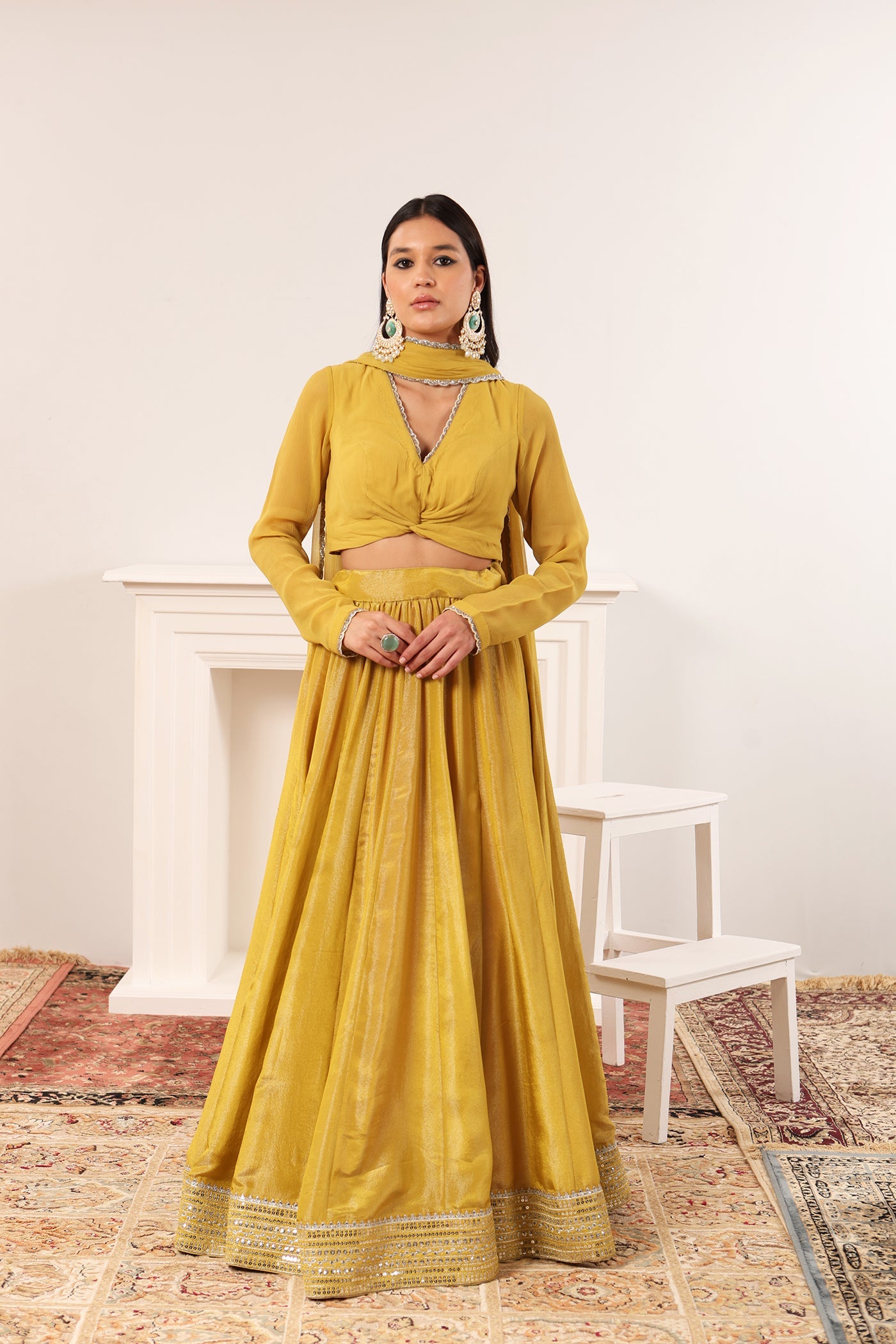 Lime-Yellow Silk-Tissue Lehenga With Chiffon Full-Sleeved Blouse & Chiffon Dupatta