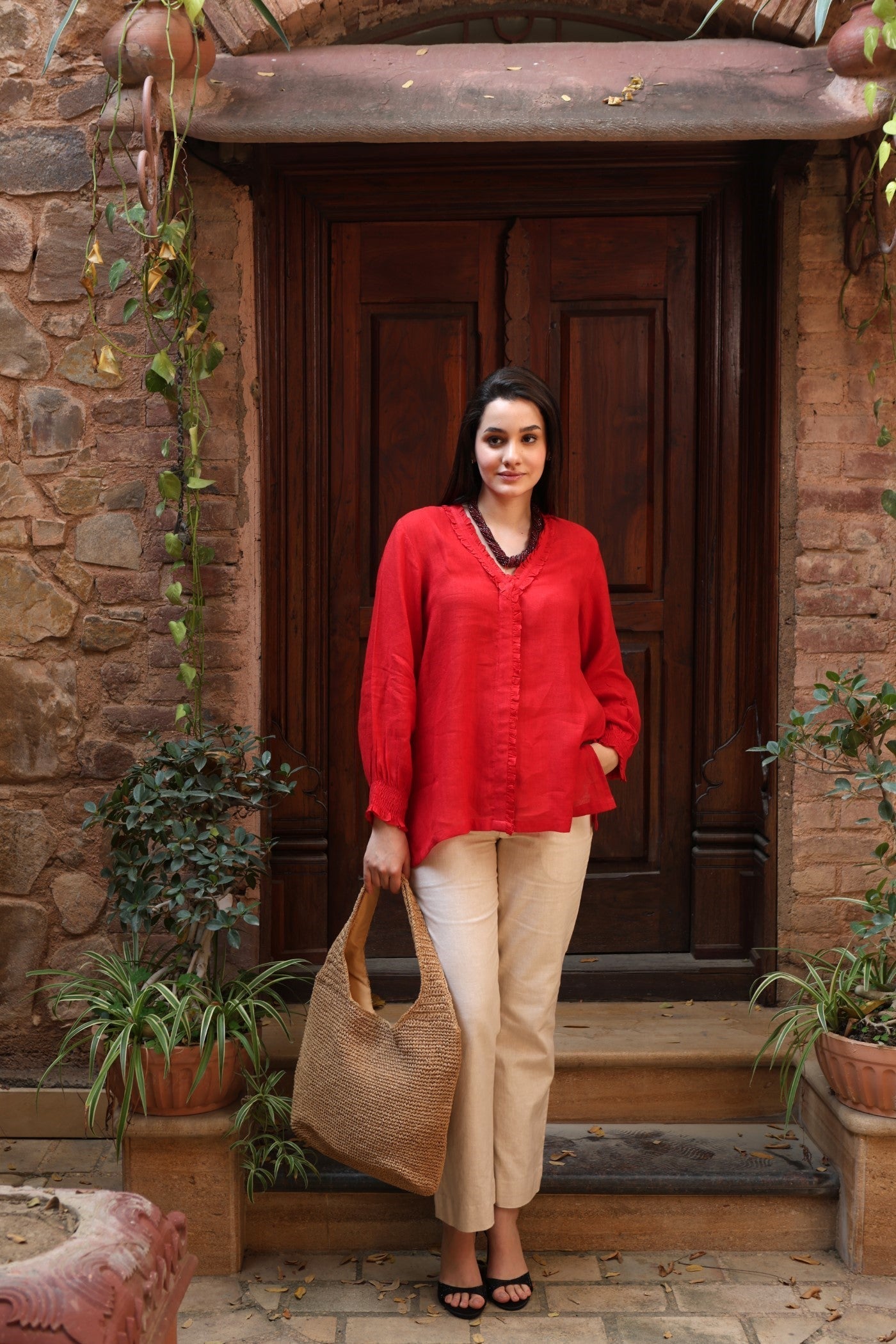 Tomato-Red Pure Linen Front-Open Short Blouse With Frilled Nekline & Smocked Cuffs