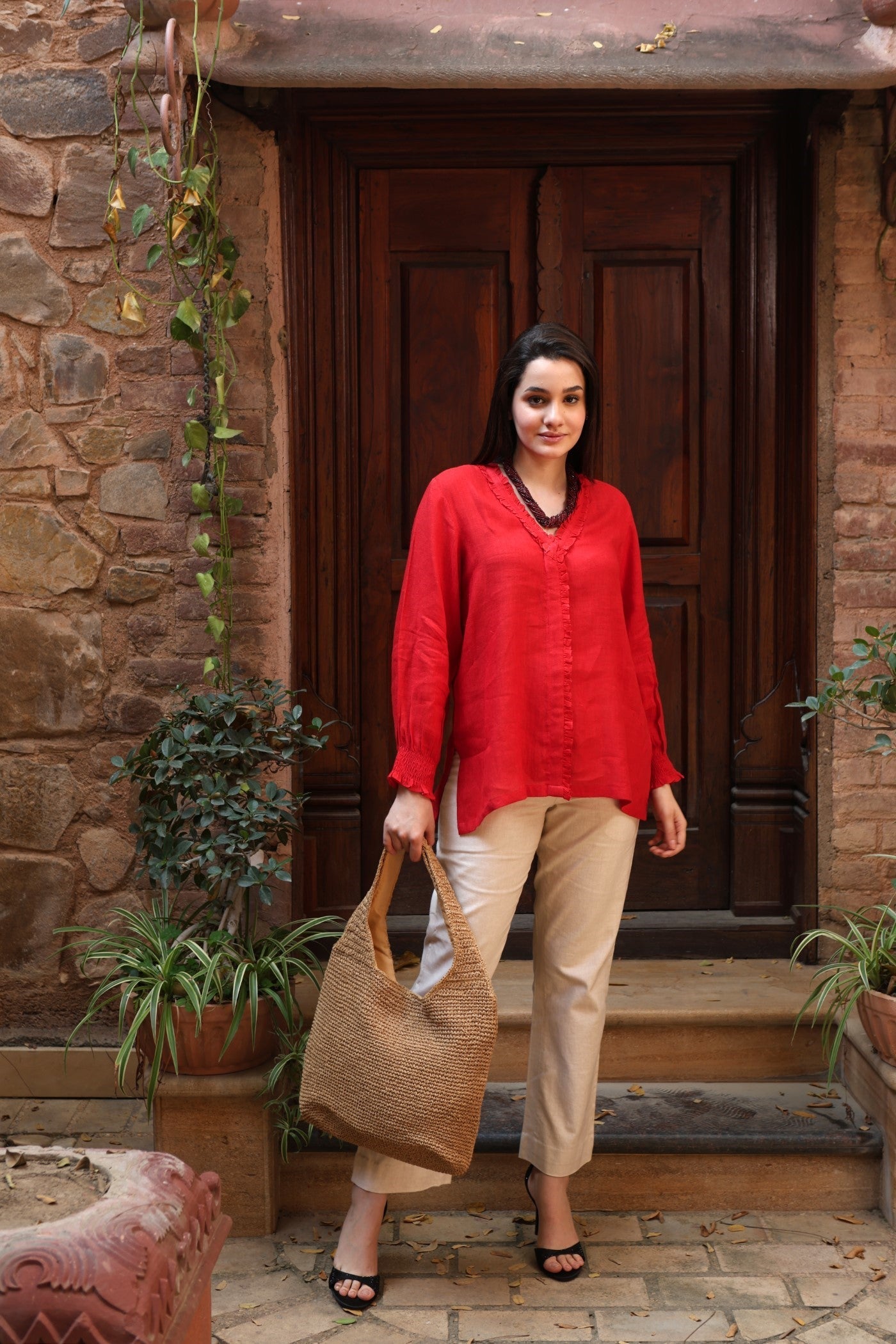 Tomato-Red Pure Linen Front-Open Short Blouse With Frilled Nekline & Smocked Cuffs