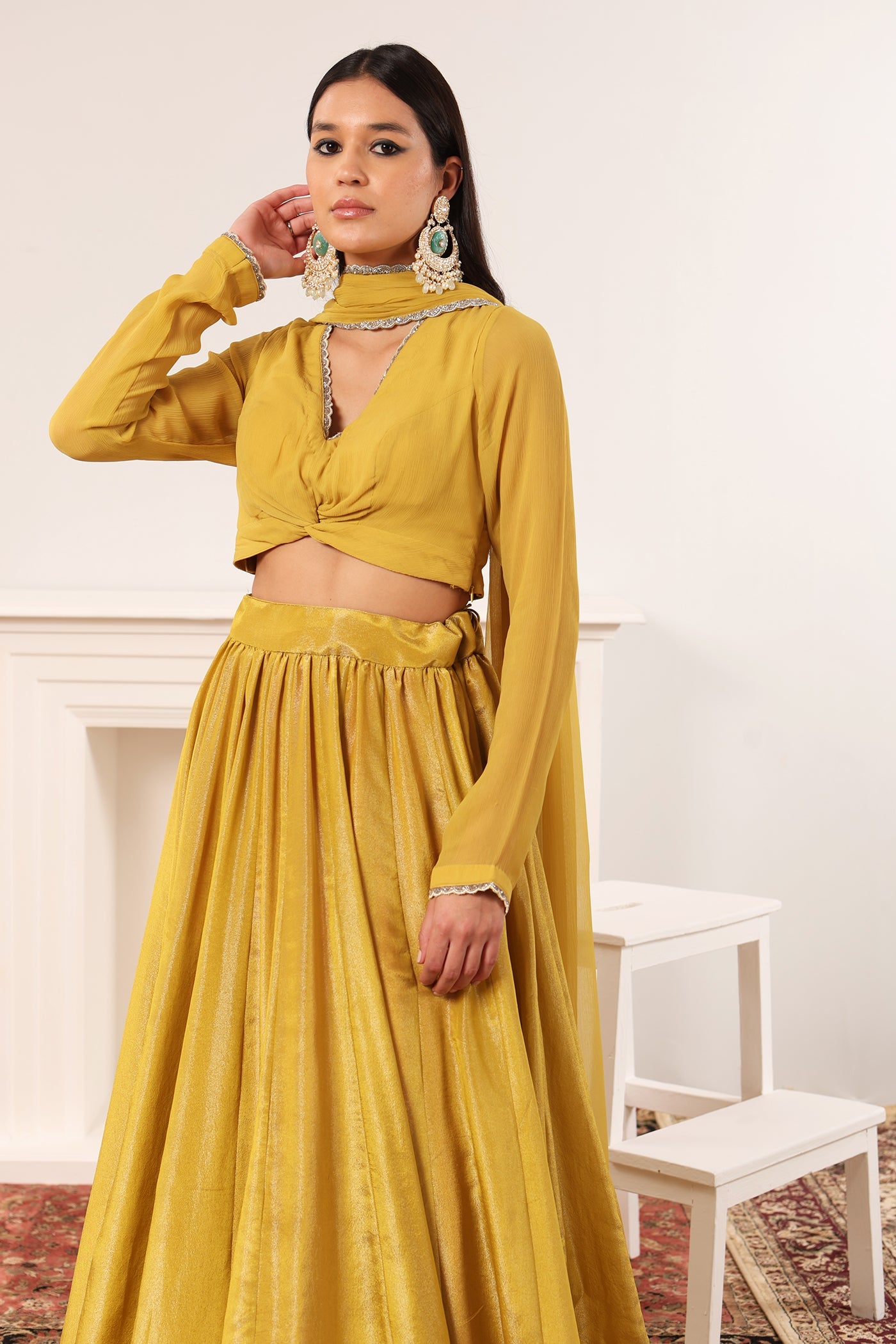 Lime-Yellow Silk-Tissue Lehenga With Chiffon Full-Sleeved Blouse & Chiffon Dupatta