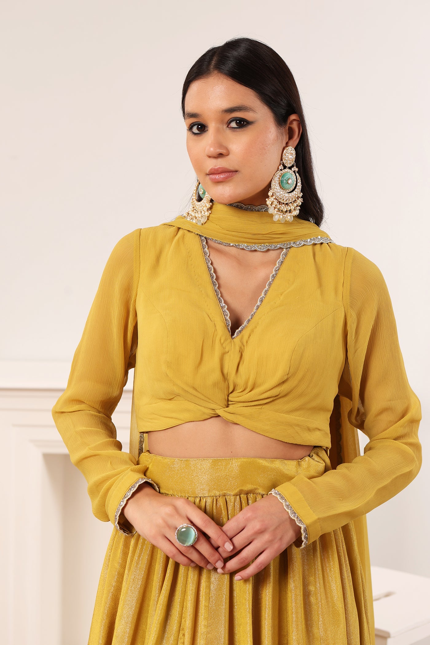 Lime-Yellow Silk-Tissue Lehenga With Chiffon Full-Sleeved Blouse & Chiffon Dupatta