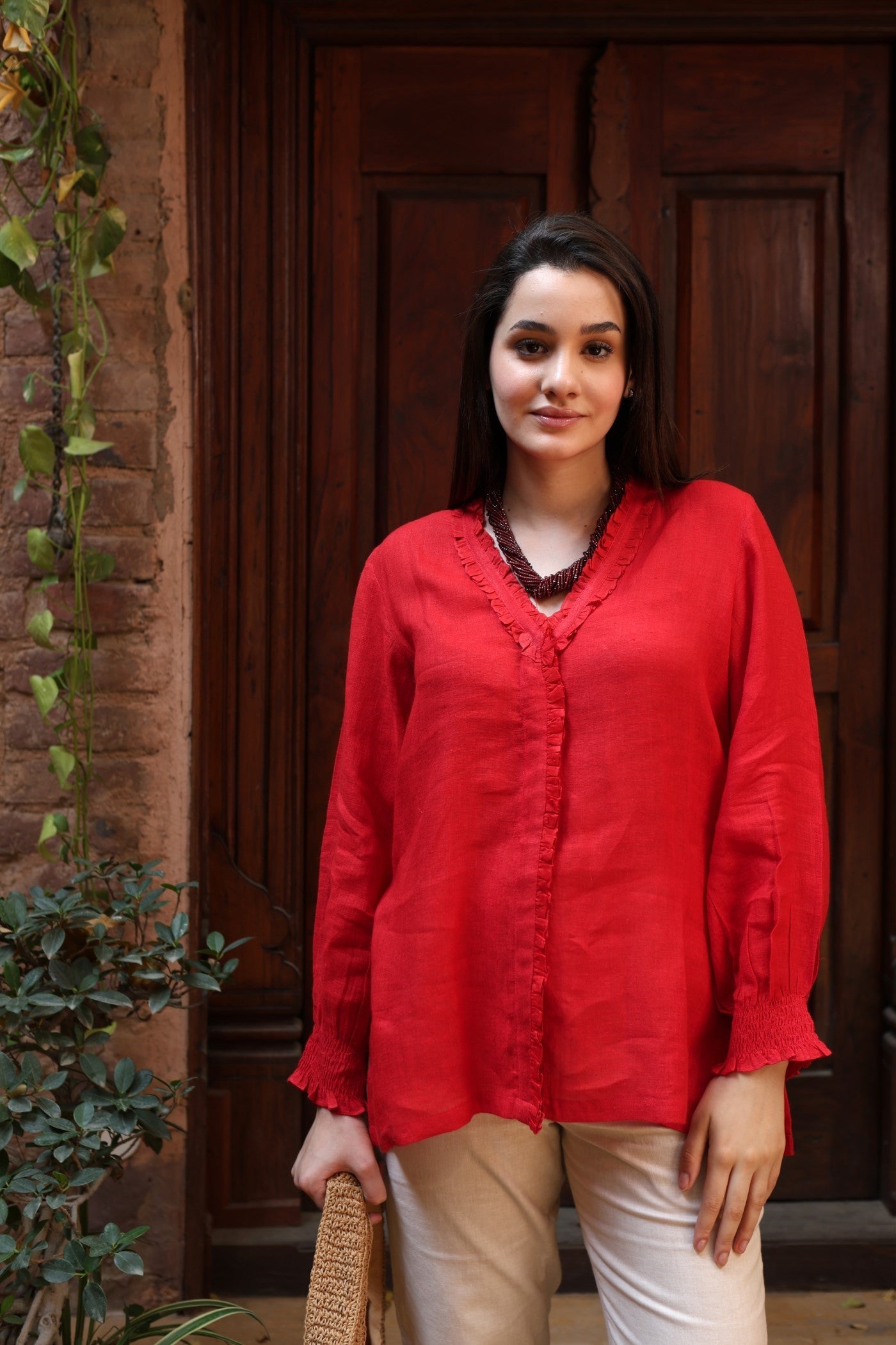Tomato-Red Pure Linen Front-Open Short Blouse With Frilled Nekline & Smocked Cuffs