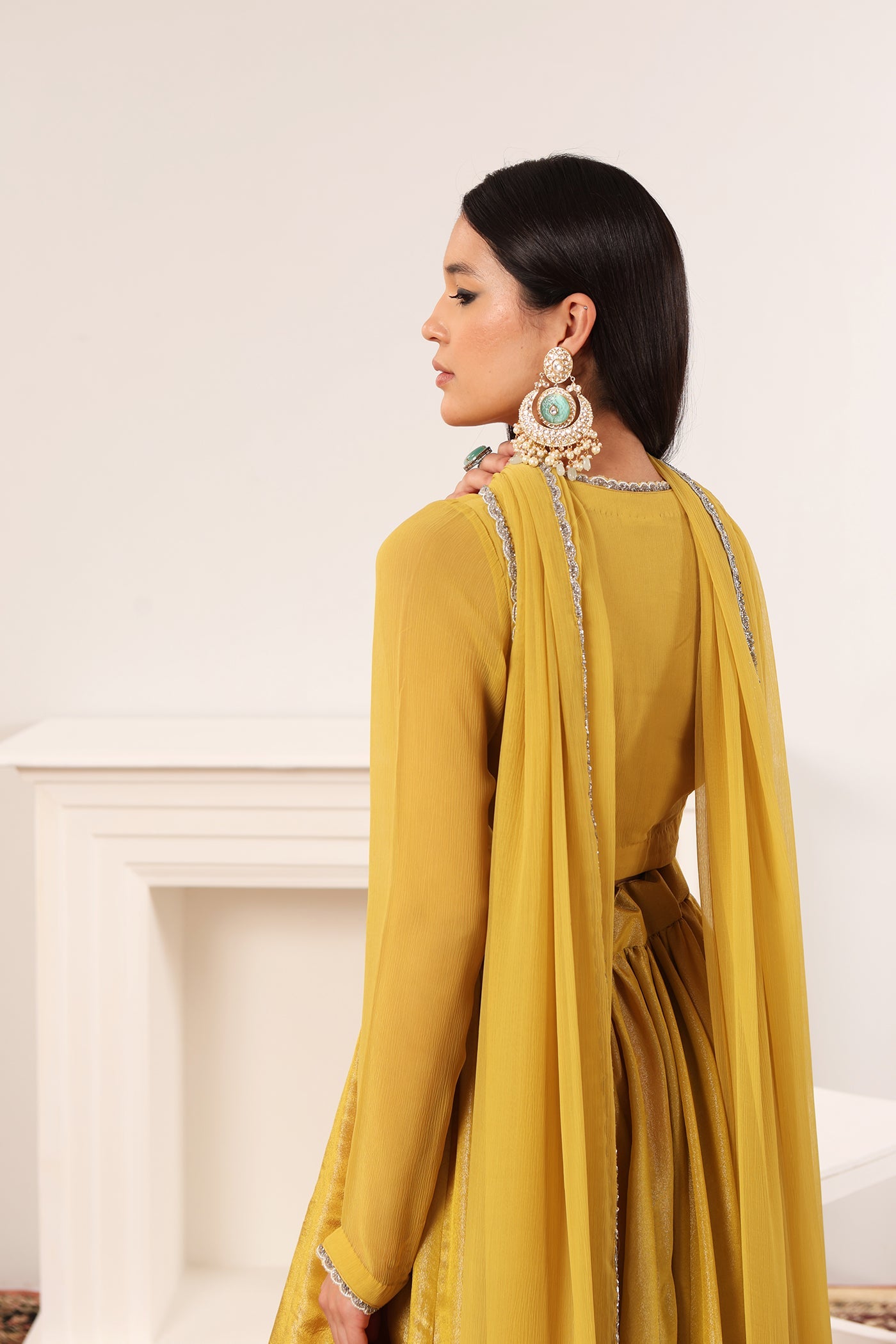 Lime-Yellow Silk-Tissue Lehenga With Chiffon Full-Sleeved Blouse & Chiffon Dupatta