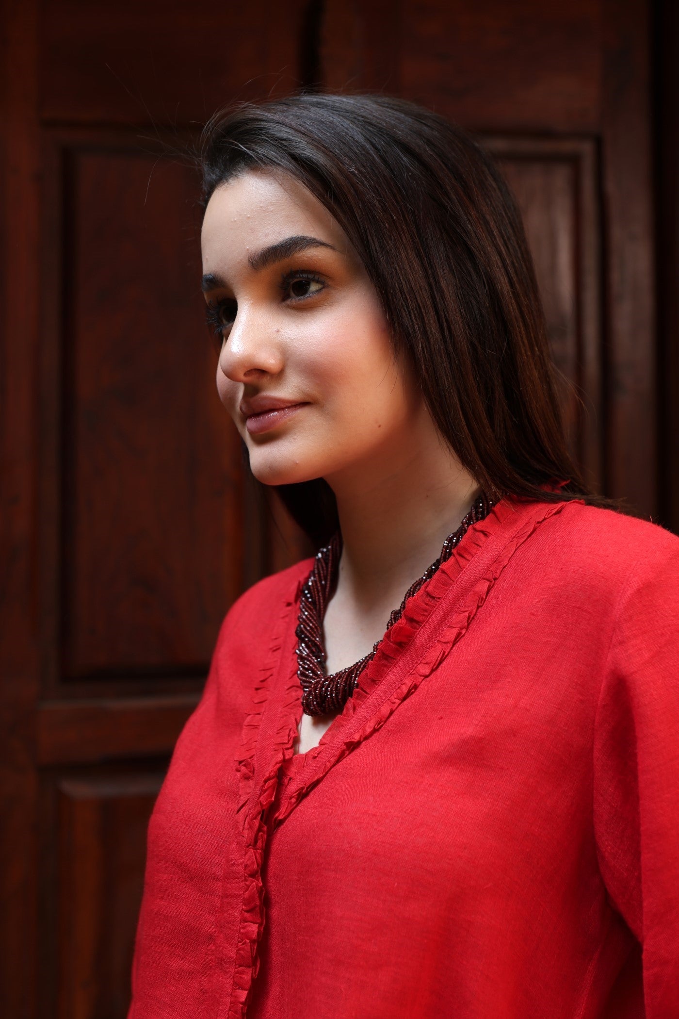 Tomato-Red Pure Linen Front-Open Short Blouse With Frilled Nekline & Smocked Cuffs