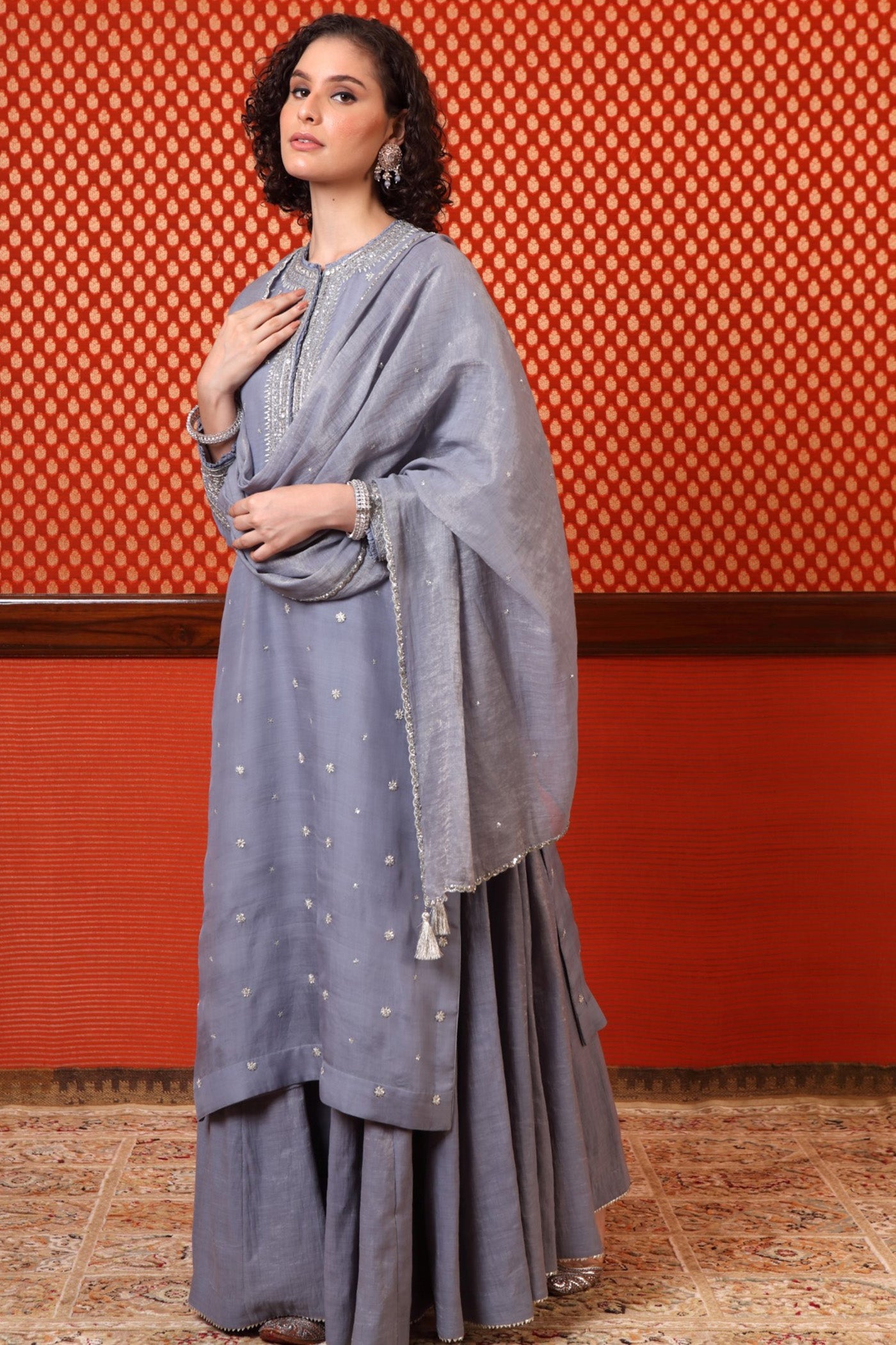 Hand Embroidered Dusk Blue Pure Katan Silk Kurta Sharara Set