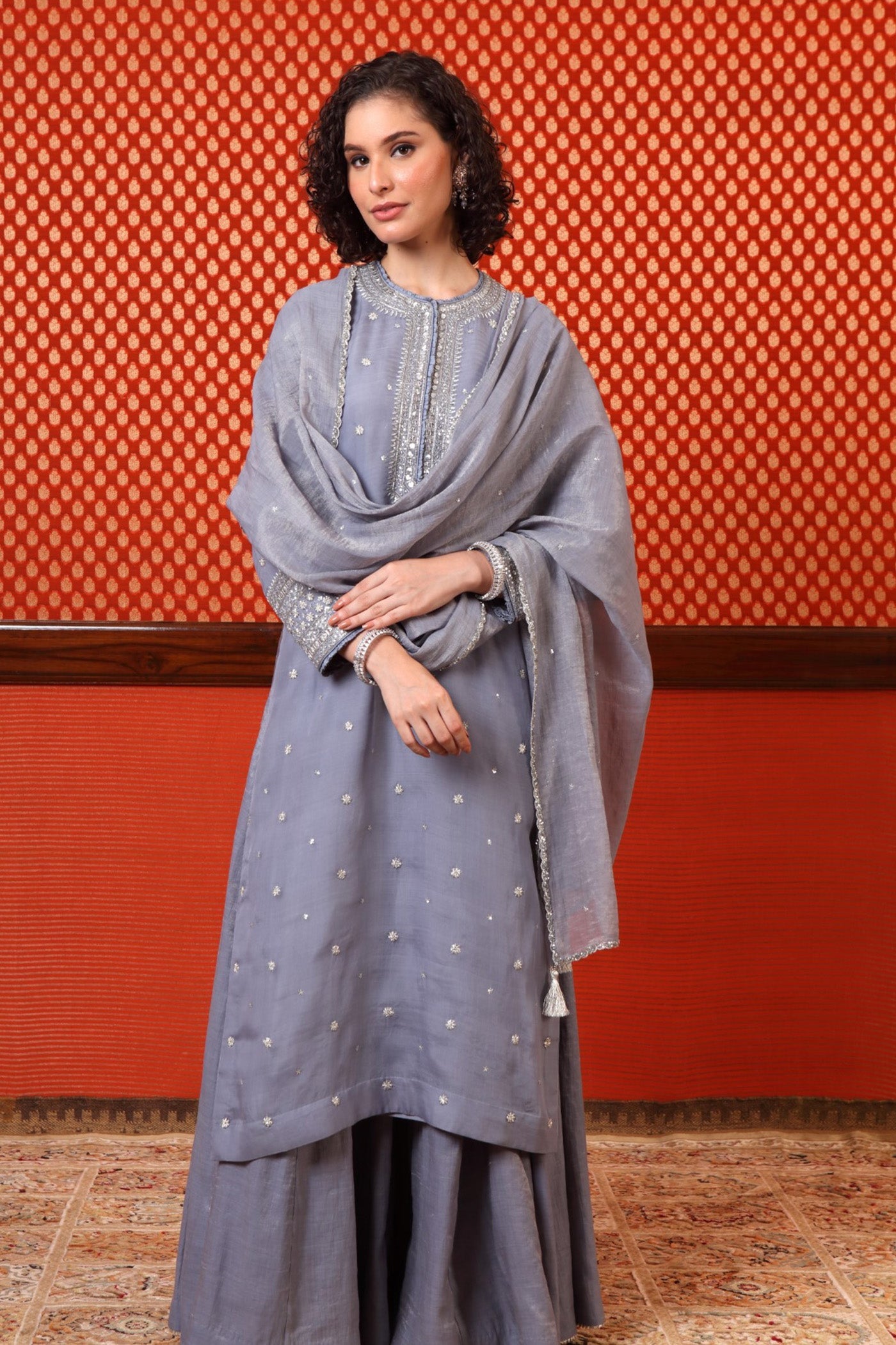 Hand Embroidered Dusk Blue Pure Katan Silk Kurta Sharara Set