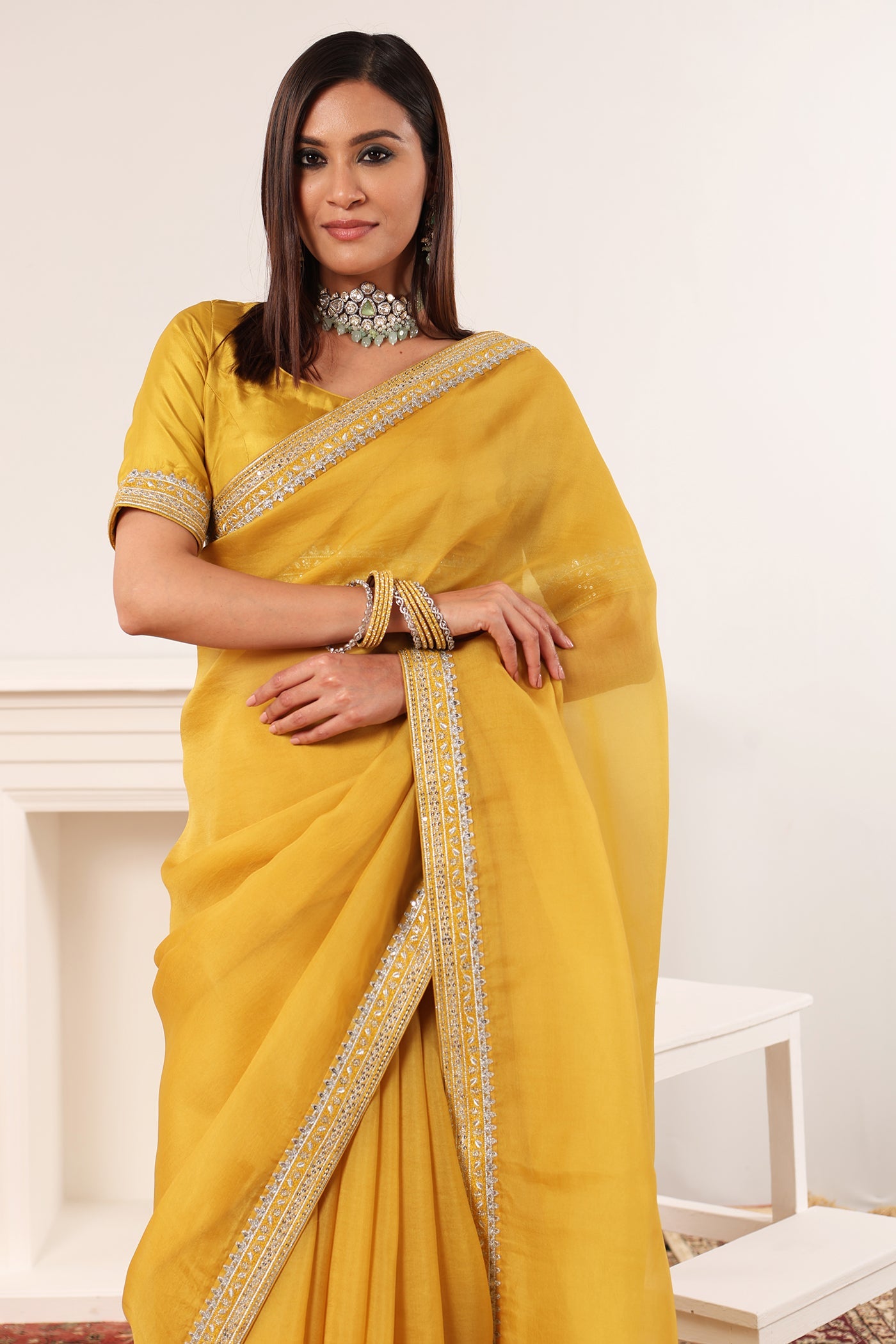 Priya Banerjee in Lime-Yellow Embroidered Pure Silk-Organza Saree-Blouse Set