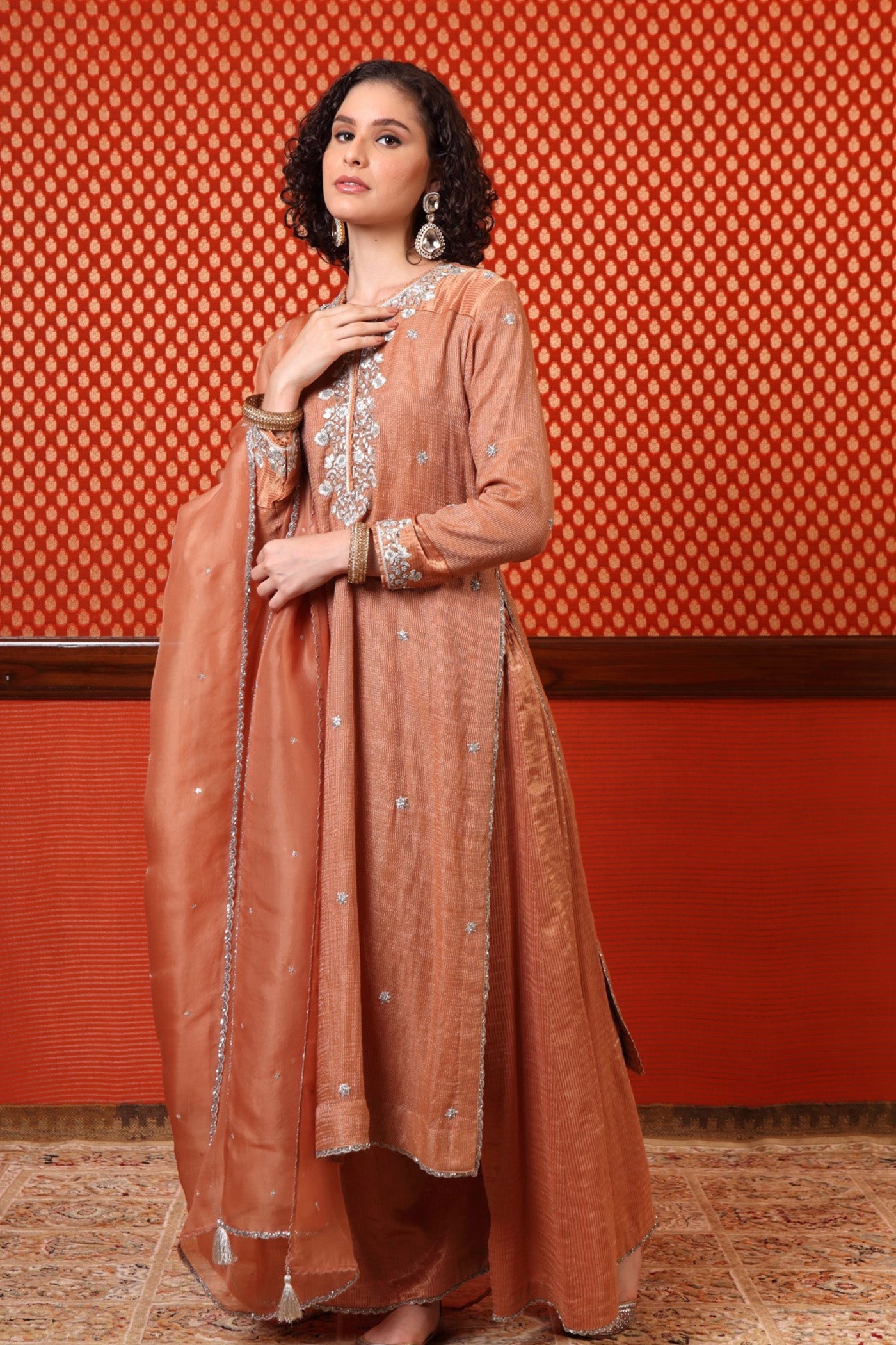 Hand Embroidered Dusty Peach Pure Silk Cotton Kurta Palazzo Set
