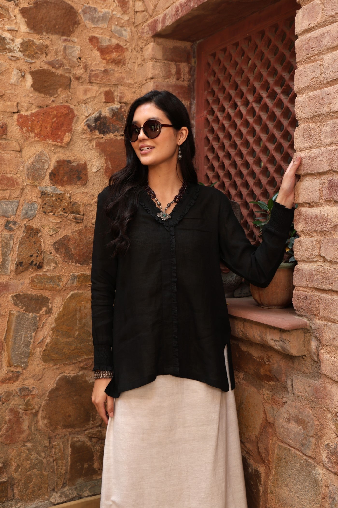 Black Pure Linen Front-Open Short Blouse With Frilled Nekline & Smocked Cuffs