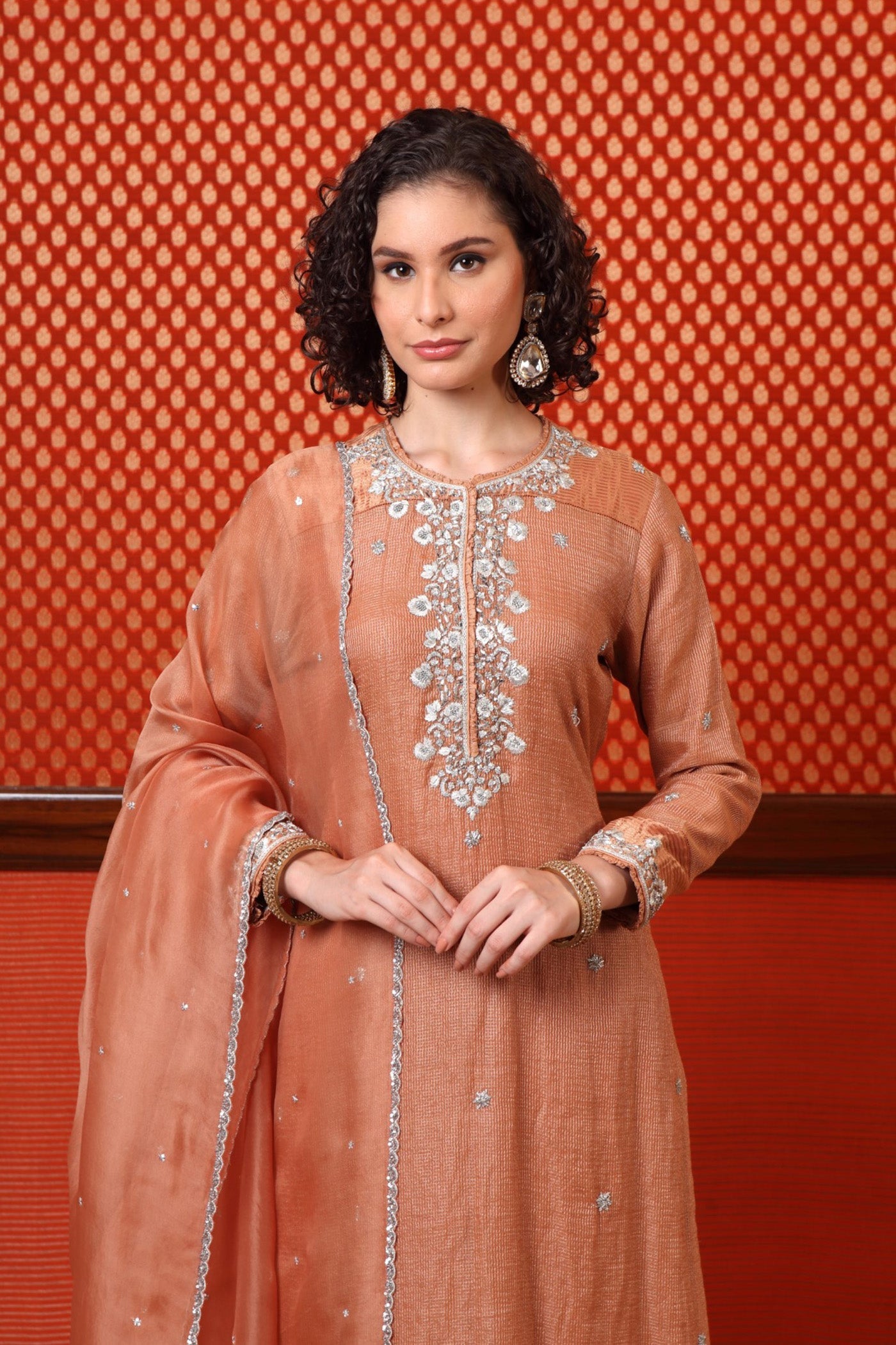 Hand Embroidered Dusty Peach Pure Silk Cotton Kurta Palazzo Set