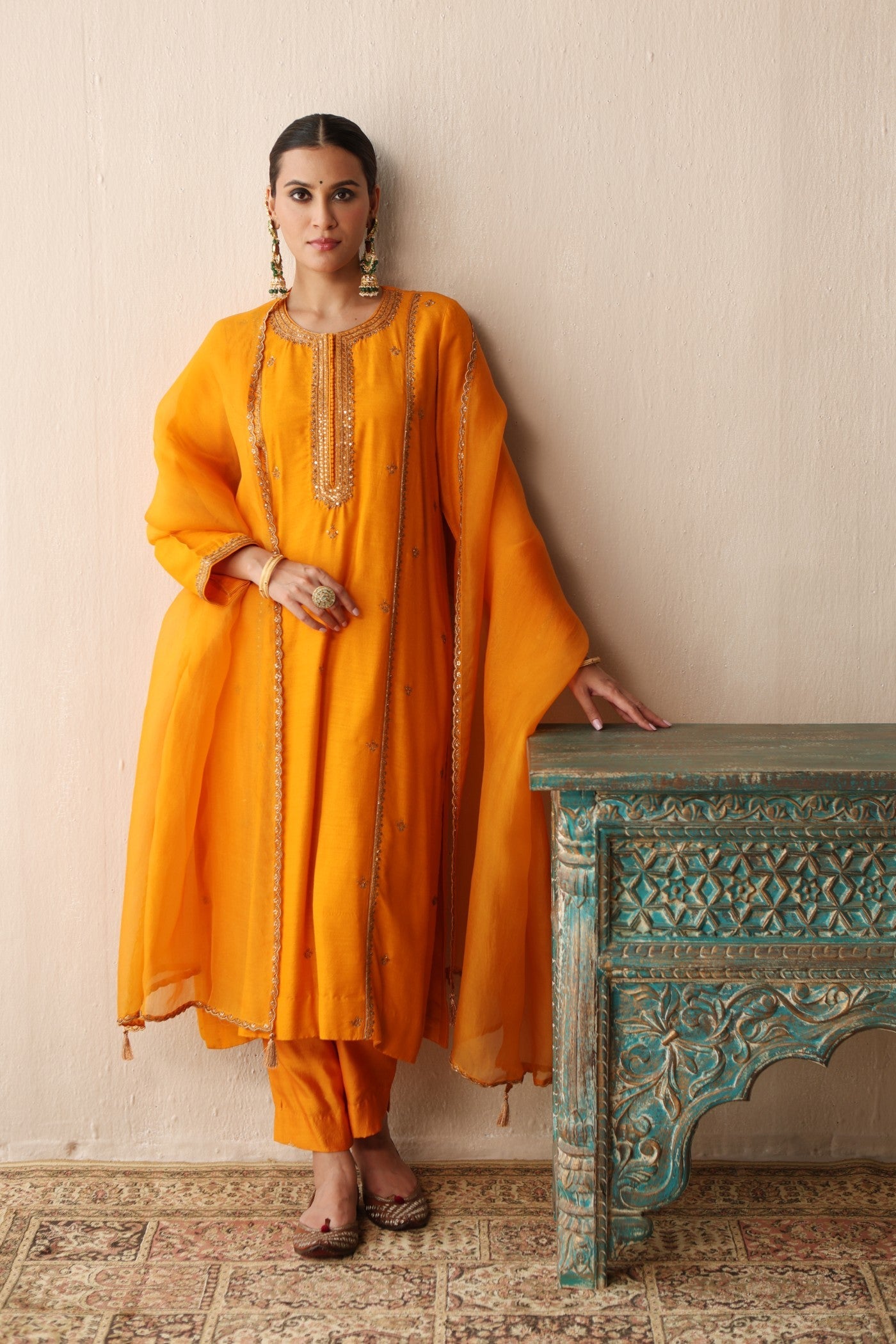 MANGO-YELLOW HAND-EMBROIDERED PURE MUGA-SILK KURTA-PANTS SET