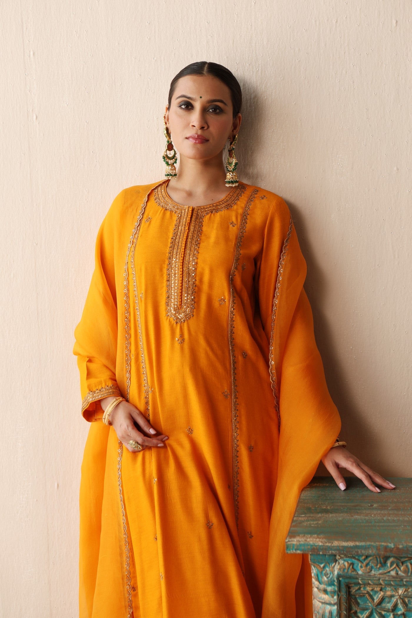 MANGO-YELLOW HAND-EMBROIDERED PURE MUGA-SILK KURTA-PANTS SET