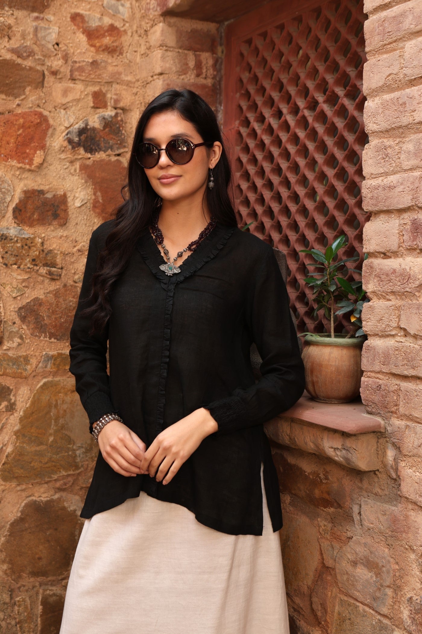 Black Pure Linen Front-Open Short Blouse With Frilled Nekline & Smocked Cuffs