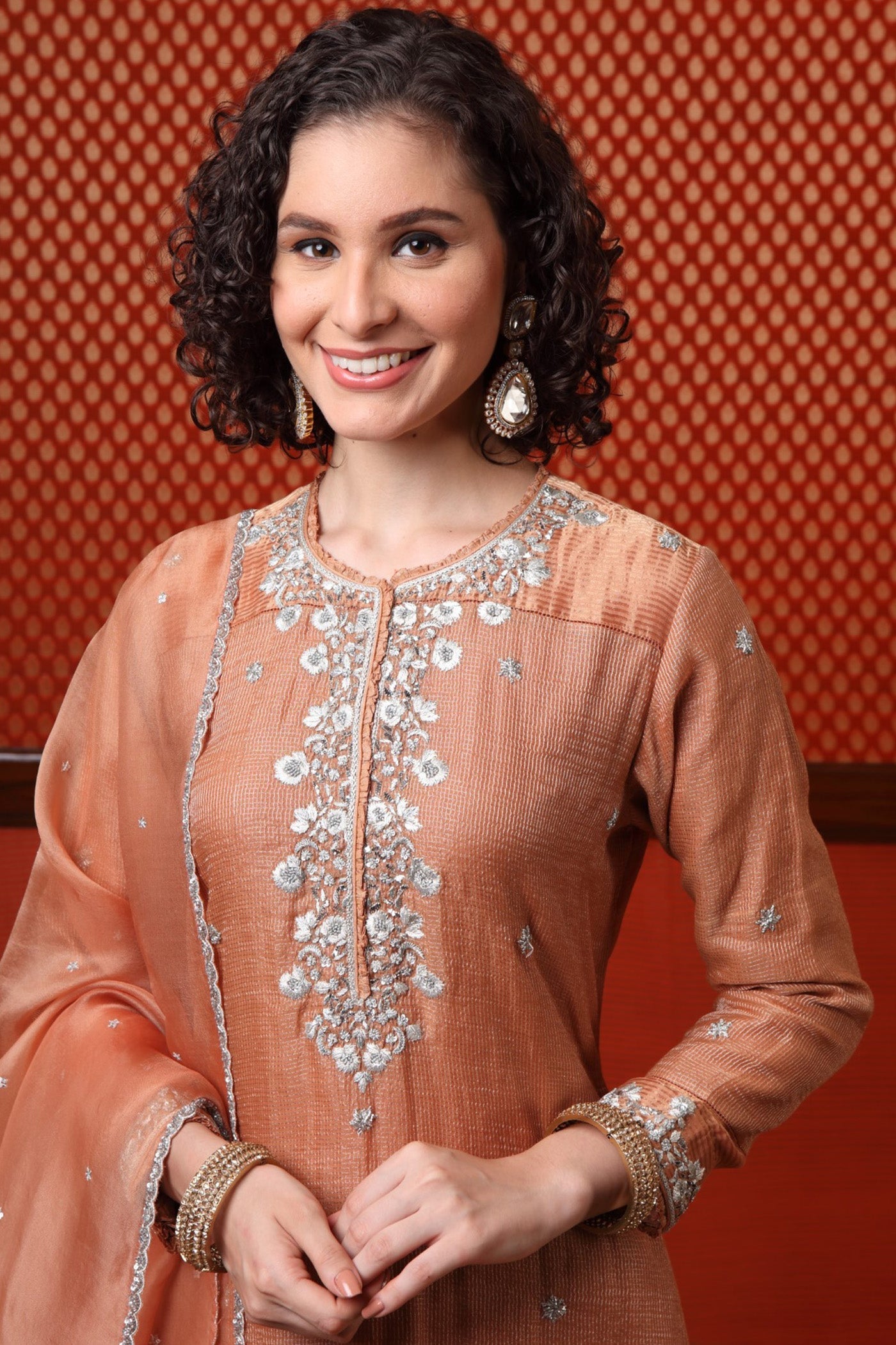 Hand Embroidered Dusty Peach Pure Silk Cotton Kurta Palazzo Set