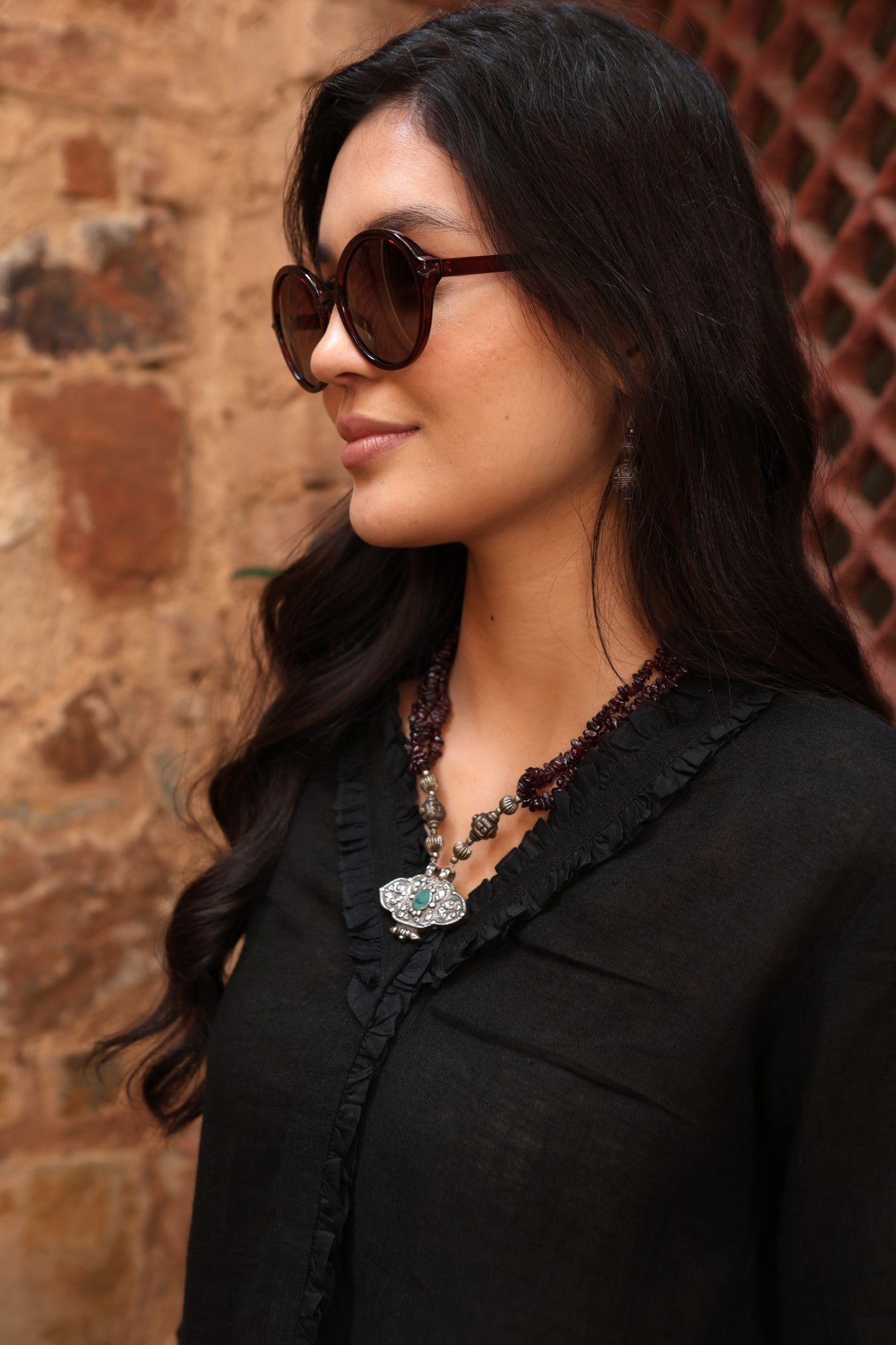 Black Pure Linen Front-Open Short Blouse With Frilled Nekline & Smocked Cuffs