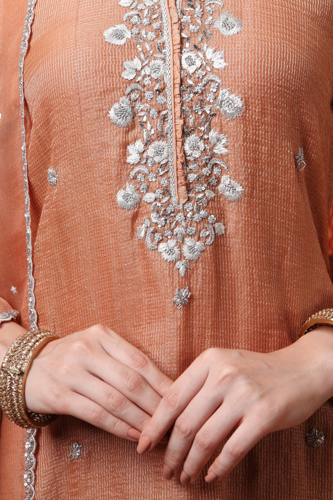 Hand Embroidered Dusty Peach Pure Silk Cotton Kurta Palazzo Set