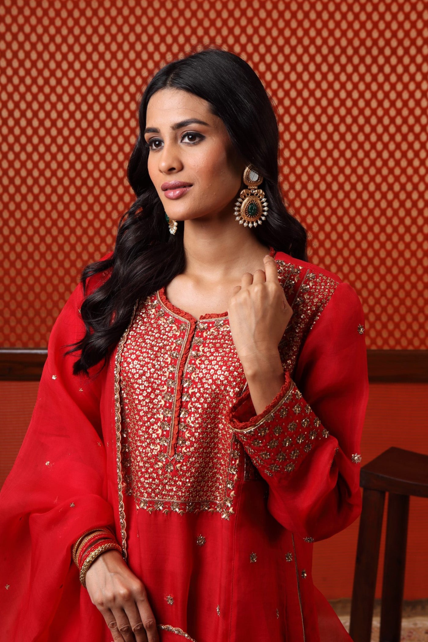 Hand Embroidered Bridal Red Pure Silk Organza Kurta Sharara Set