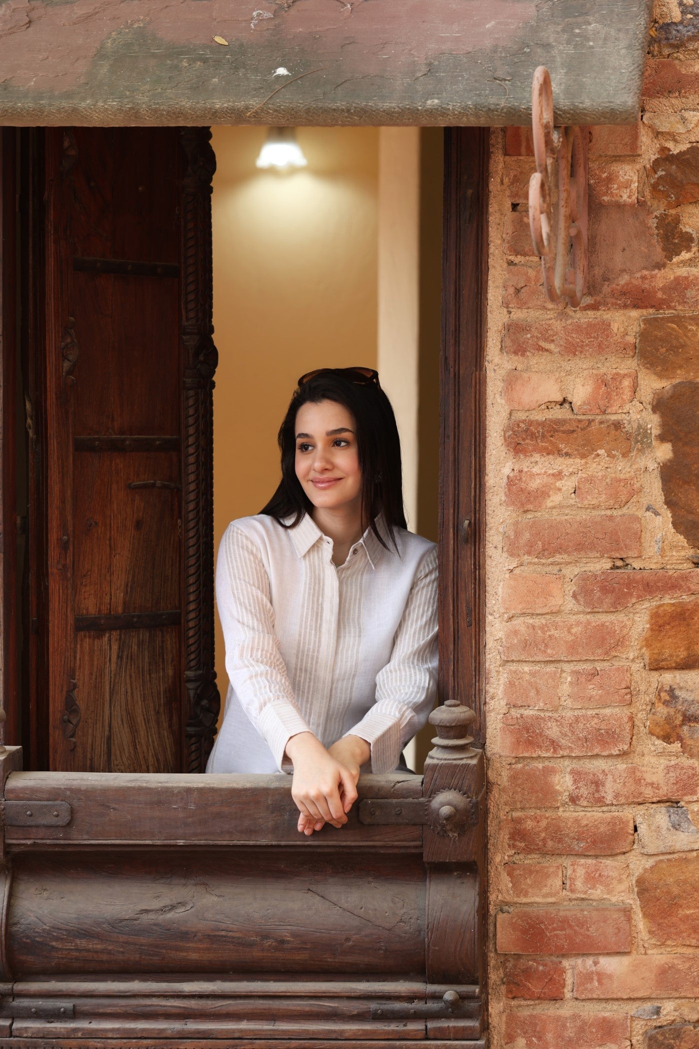 Ivory Handloom Pure Linen Front-Open Collared Short Blouse With Woven Stripe Details
