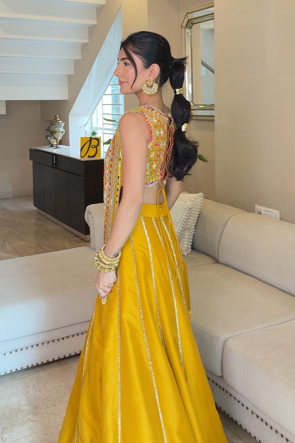Noorvi Mustard Yellow Mirror Work Skirt Set in Silk Blend