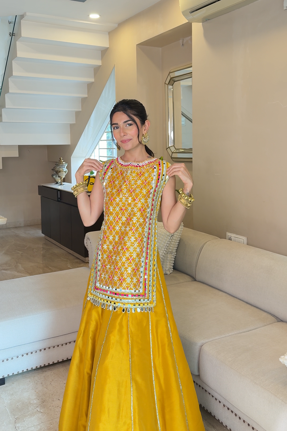 Noorvi Mustard Yellow Mirror Work Skirt Set in Silk Blend
