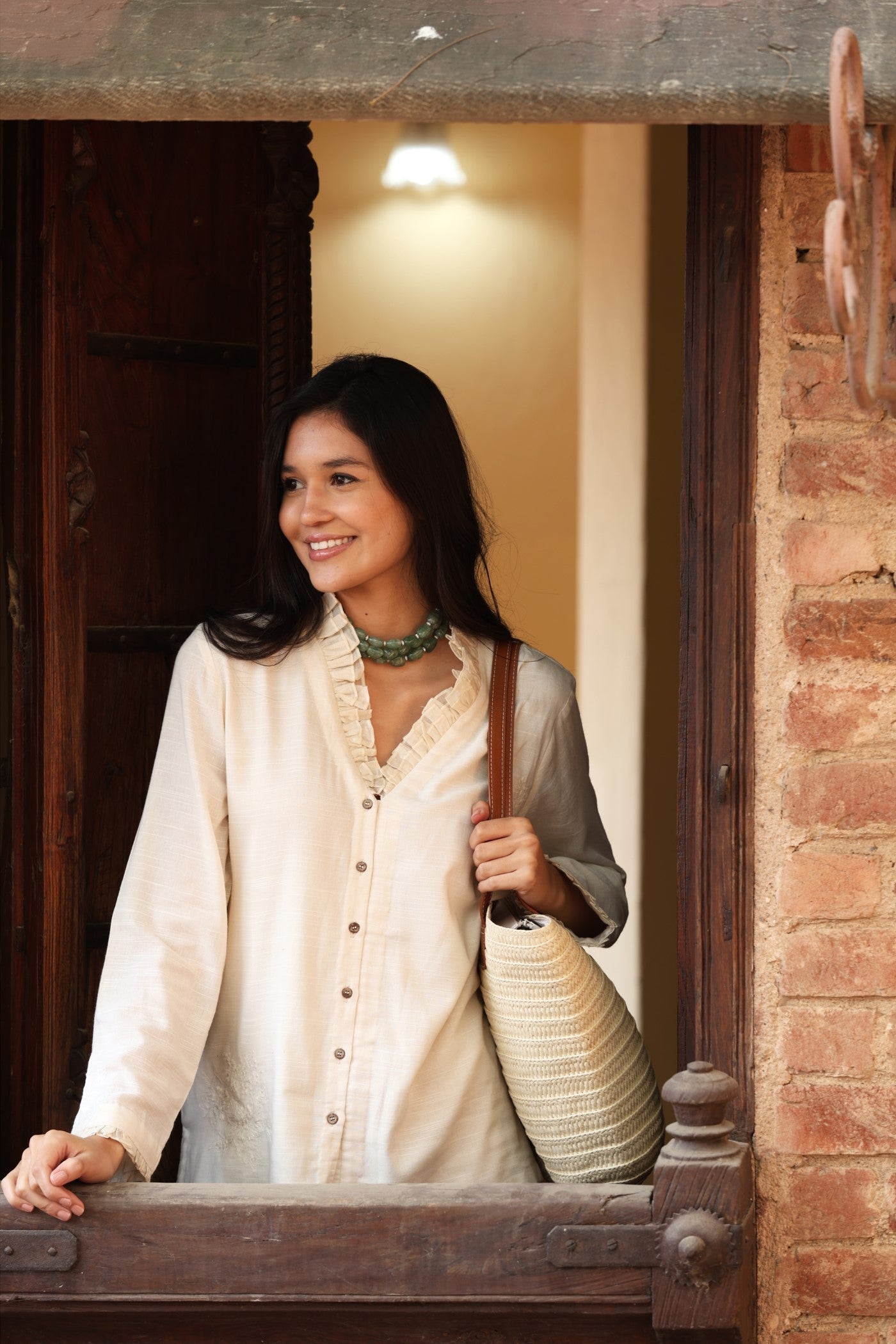 Ivory Pure Cotton-Slub Embroidered (Applique & Cutwork) Front-Open Short Blouse With Frilled Collars