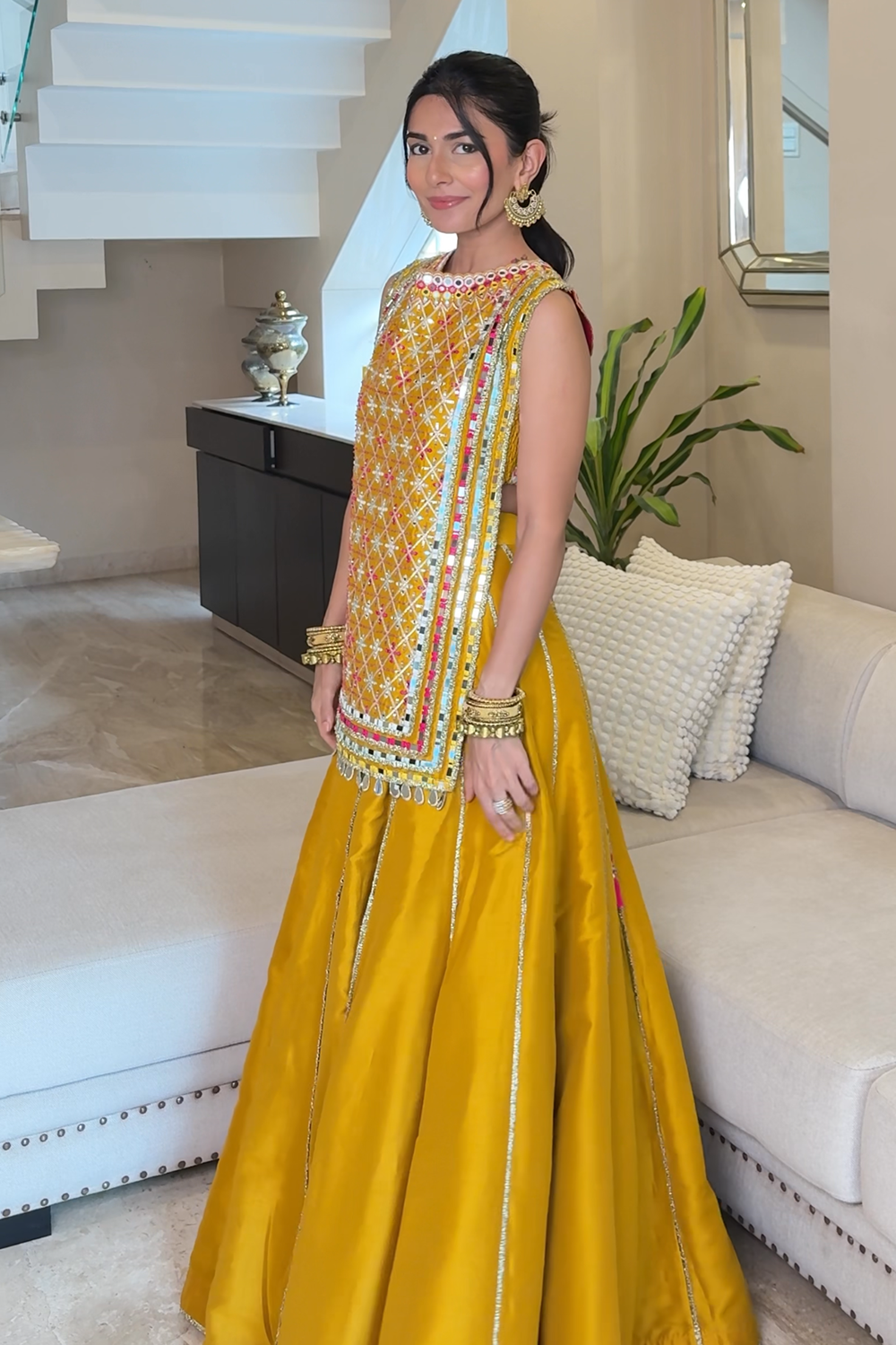 Noorvi Mustard Yellow Mirror Work Skirt Set in Silk Blend