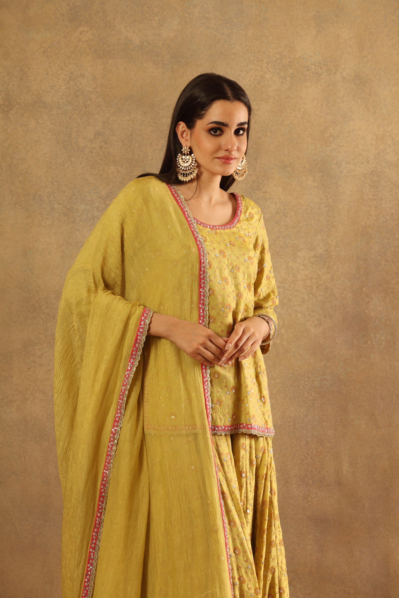Hand Embroidered Lemon Green Pure Silk Georgette Short Kurta Lehenga Set