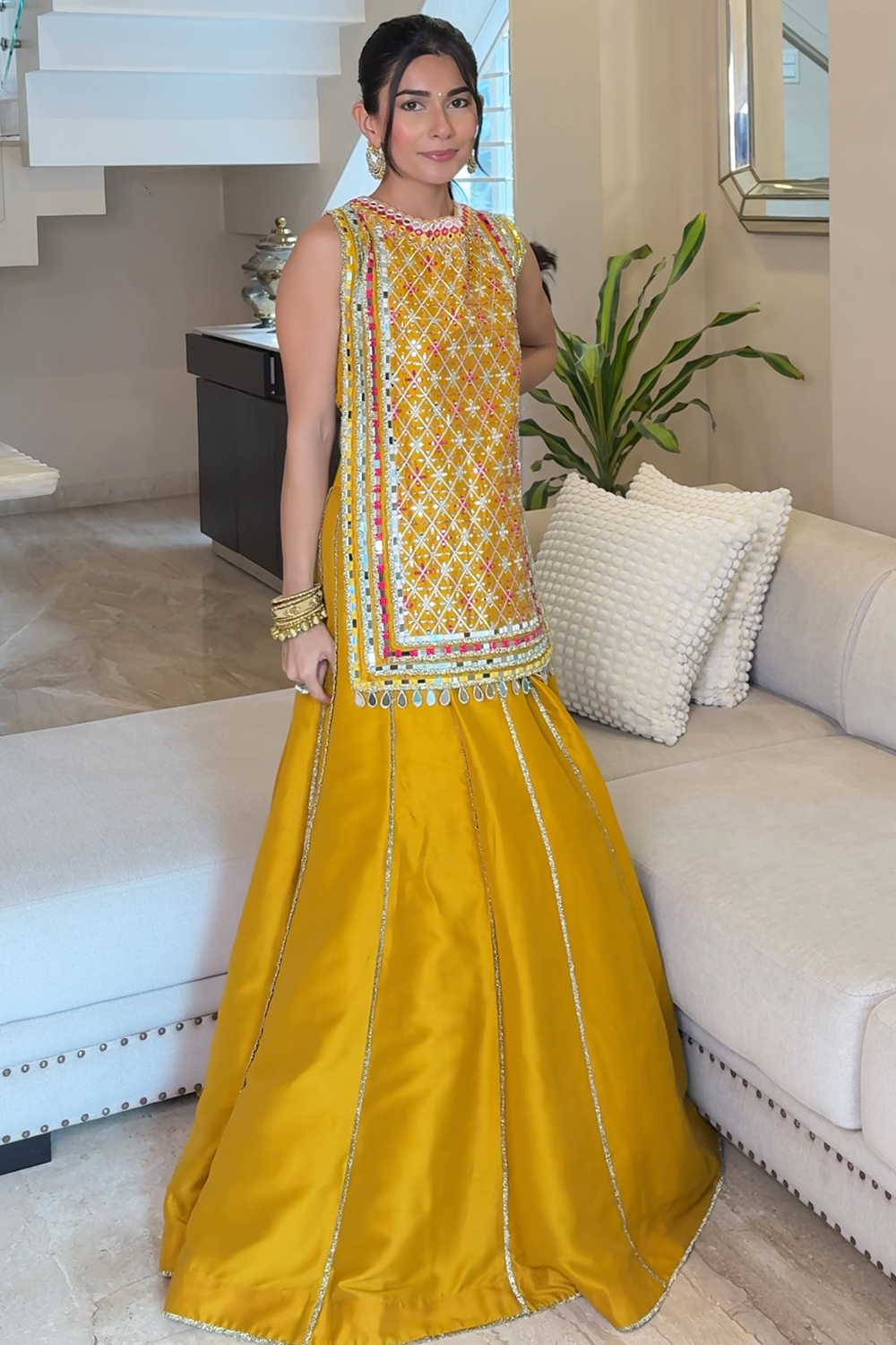 Noorvi Mustard Yellow Mirror Work Skirt Set in Silk Blend