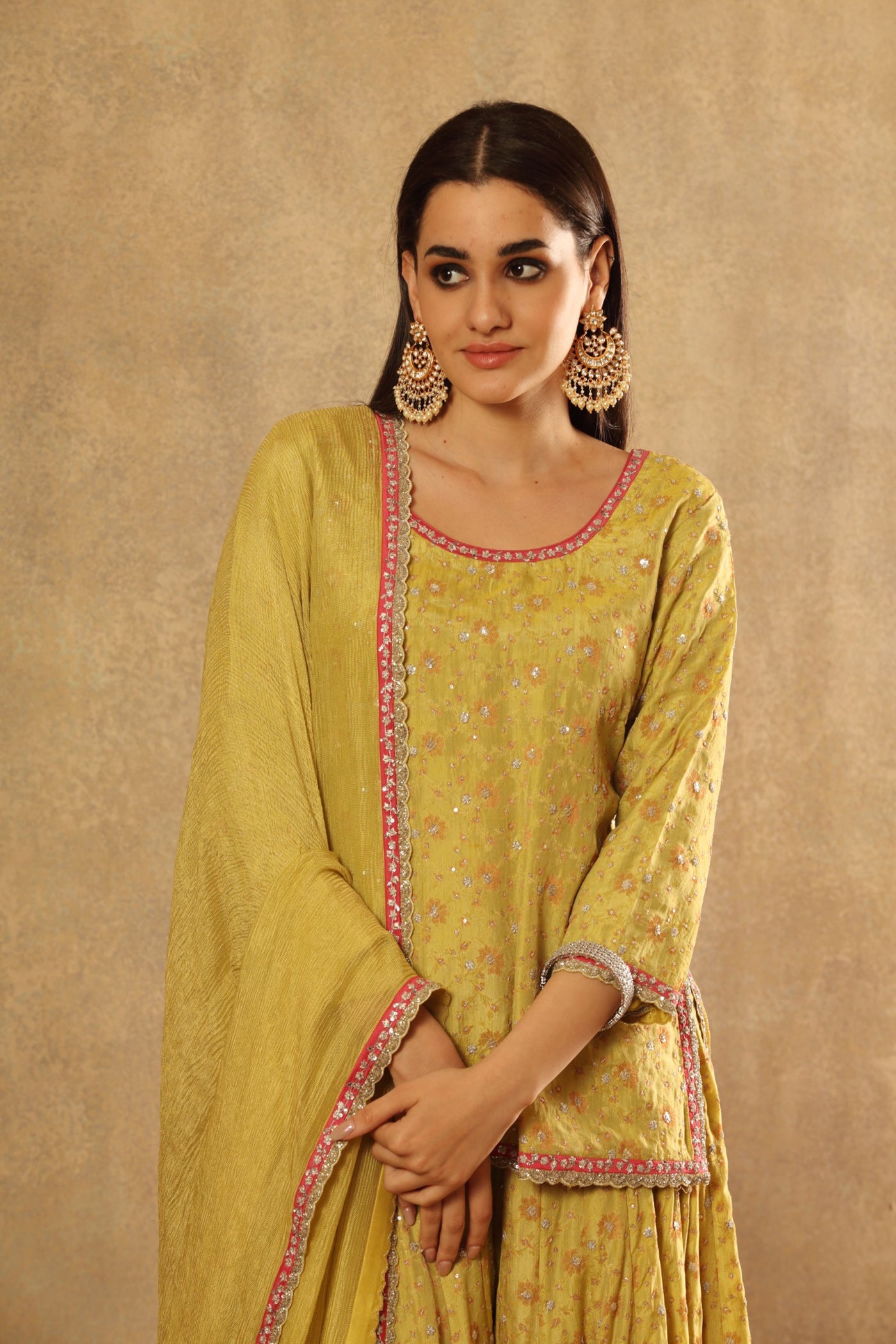 Hand Embroidered Lemon Green Pure Silk Georgette Short Kurta Lehenga Set