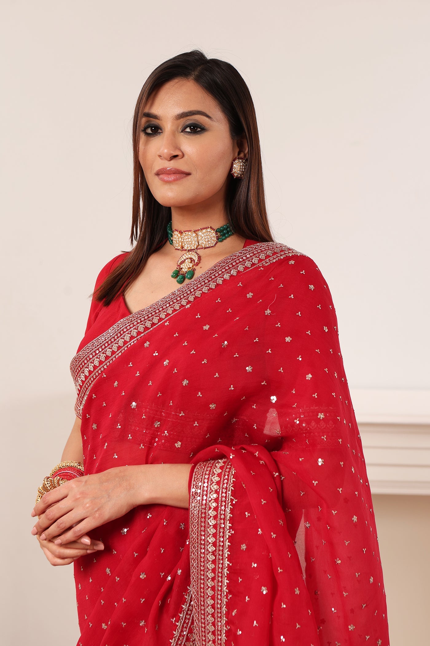 Bridal-Red Hand-Embroidered Pure Silk-Organza Saree-Blouse Set