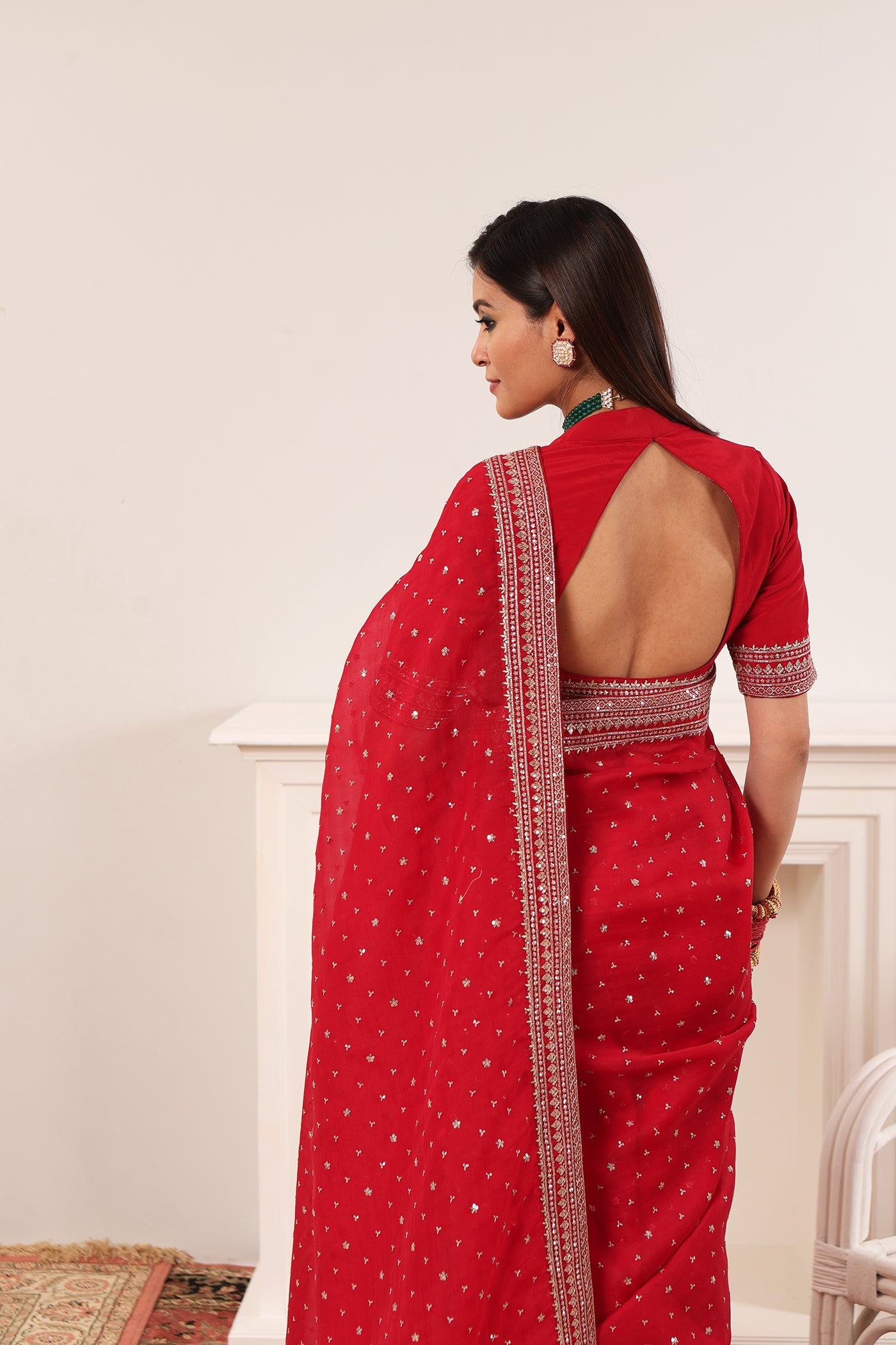 Bridal-Red Hand-Embroidered Pure Silk-Organza Saree-Blouse Set
