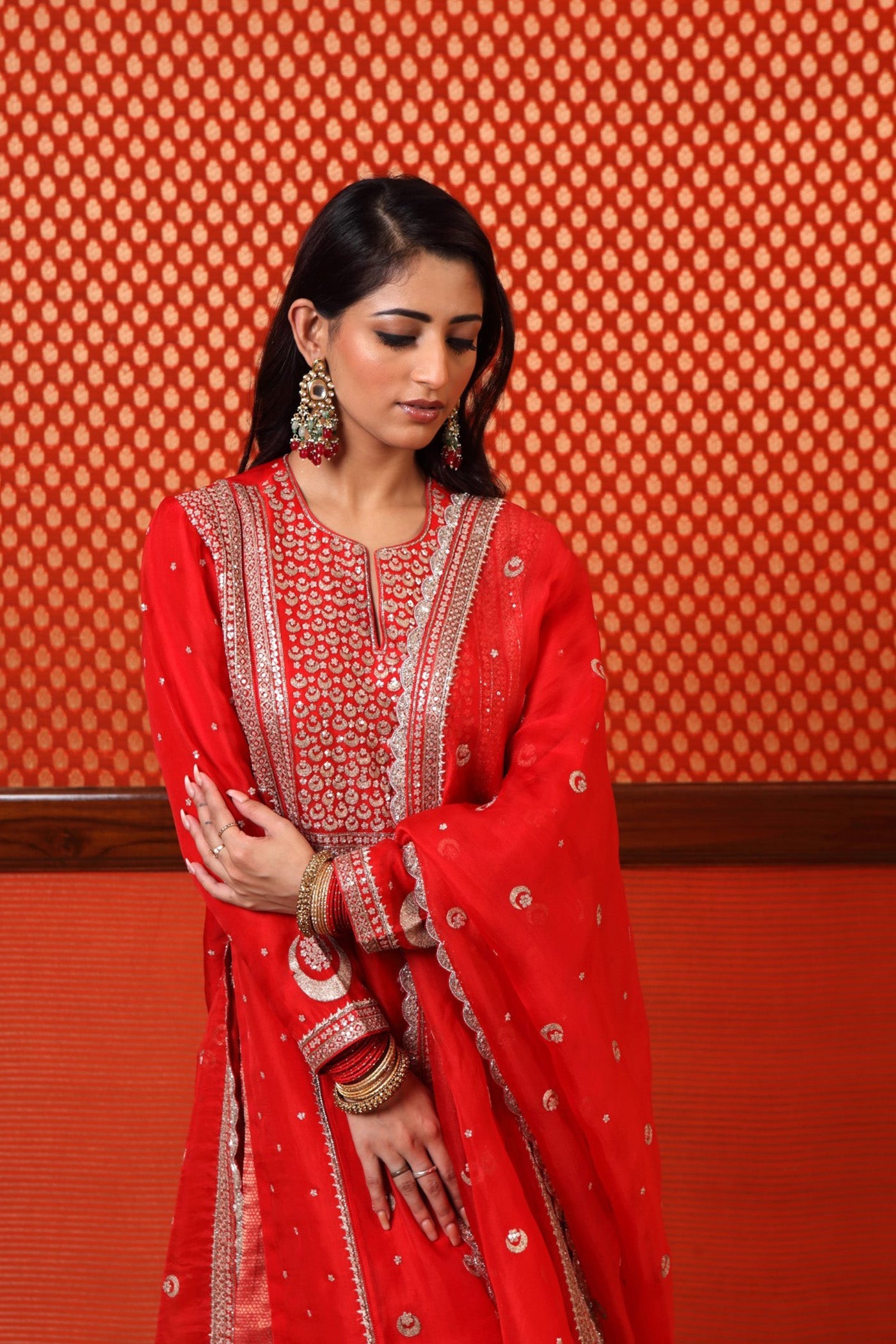 Hand Embroidered Bright Tomato Red Pure Silk Organza Chand Buta Kurta Sharara Set