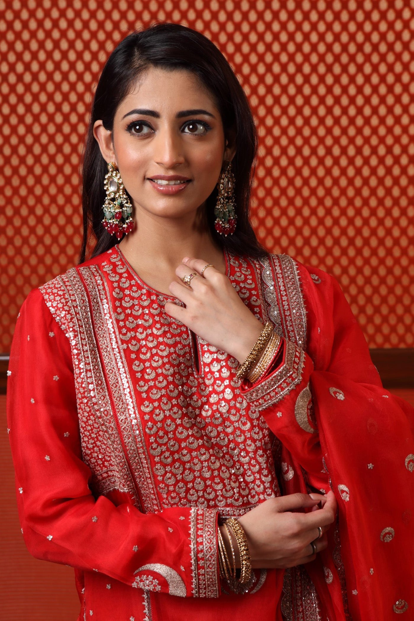 Hand Embroidered Bright Tomato Red Pure Silk Organza Chand Buta Kurta Sharara Set