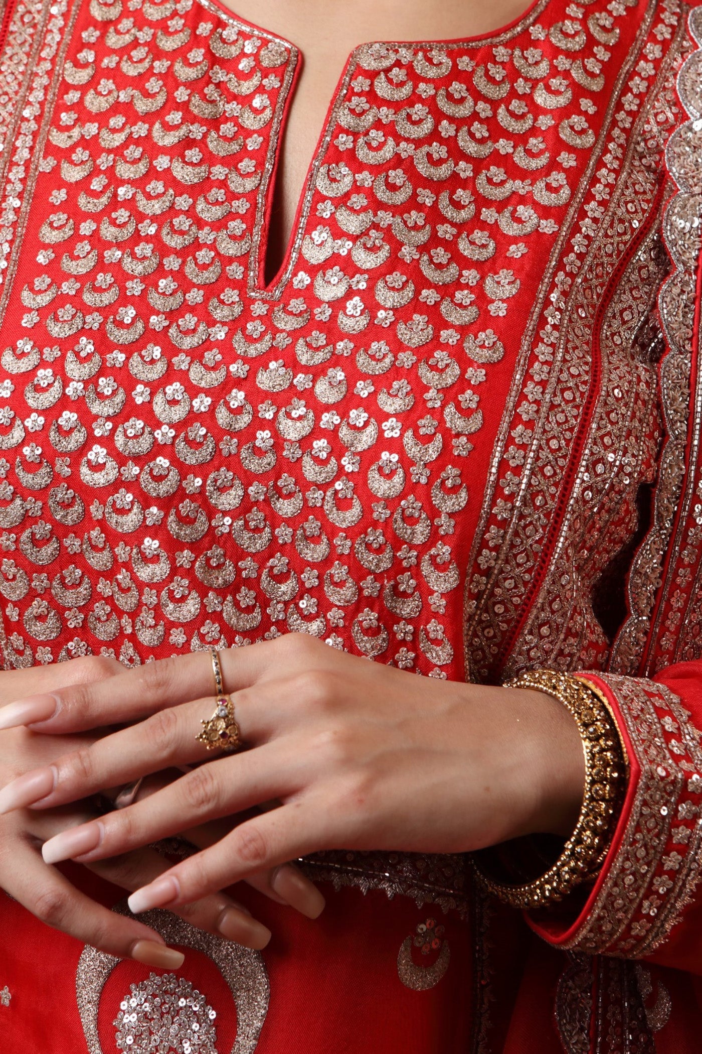 Hand Embroidered Bright Tomato Red Pure Silk Organza Chand Buta Kurta Sharara Set