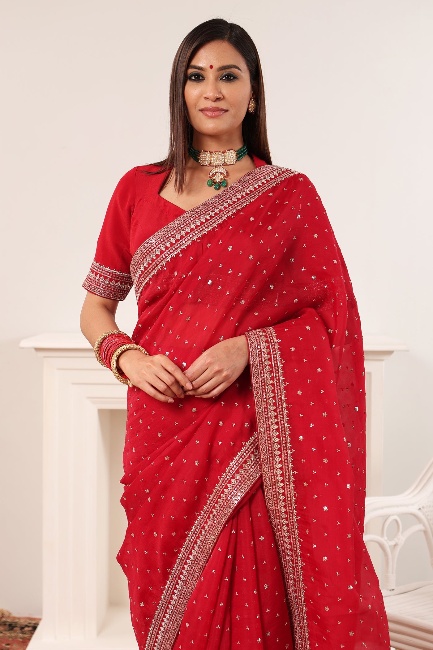 Bridal-Red Hand-Embroidered Pure Silk-Organza Saree-Blouse Set