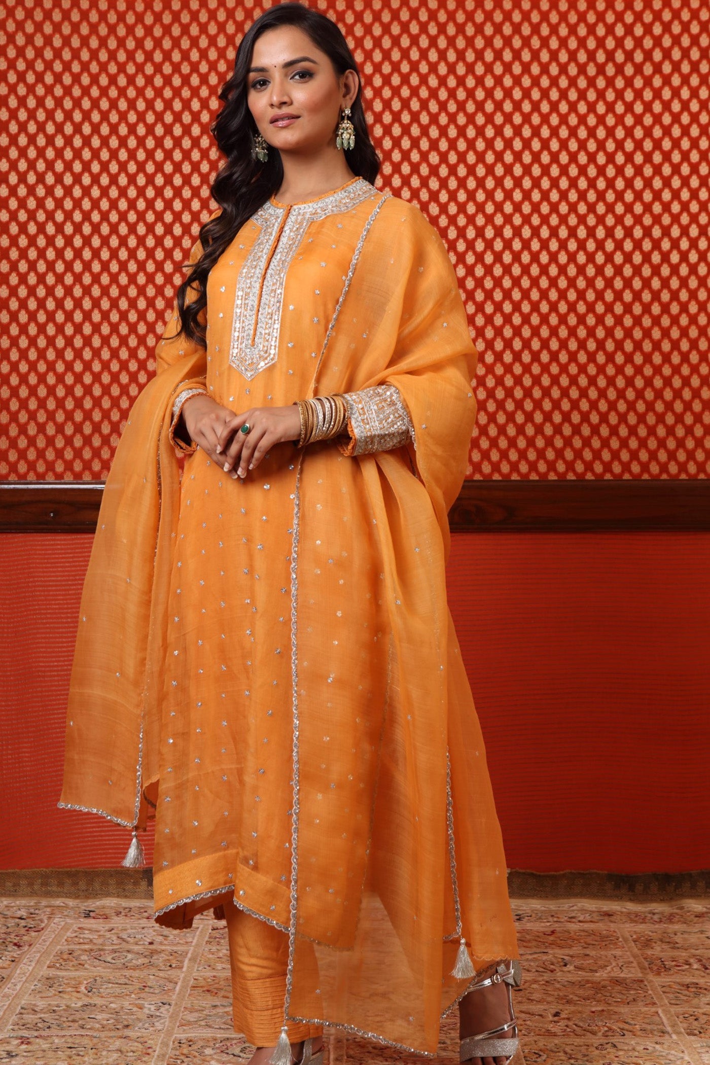 Hand Embroidered Mango Yellow Pure Katan Silk Kurta Pants Set