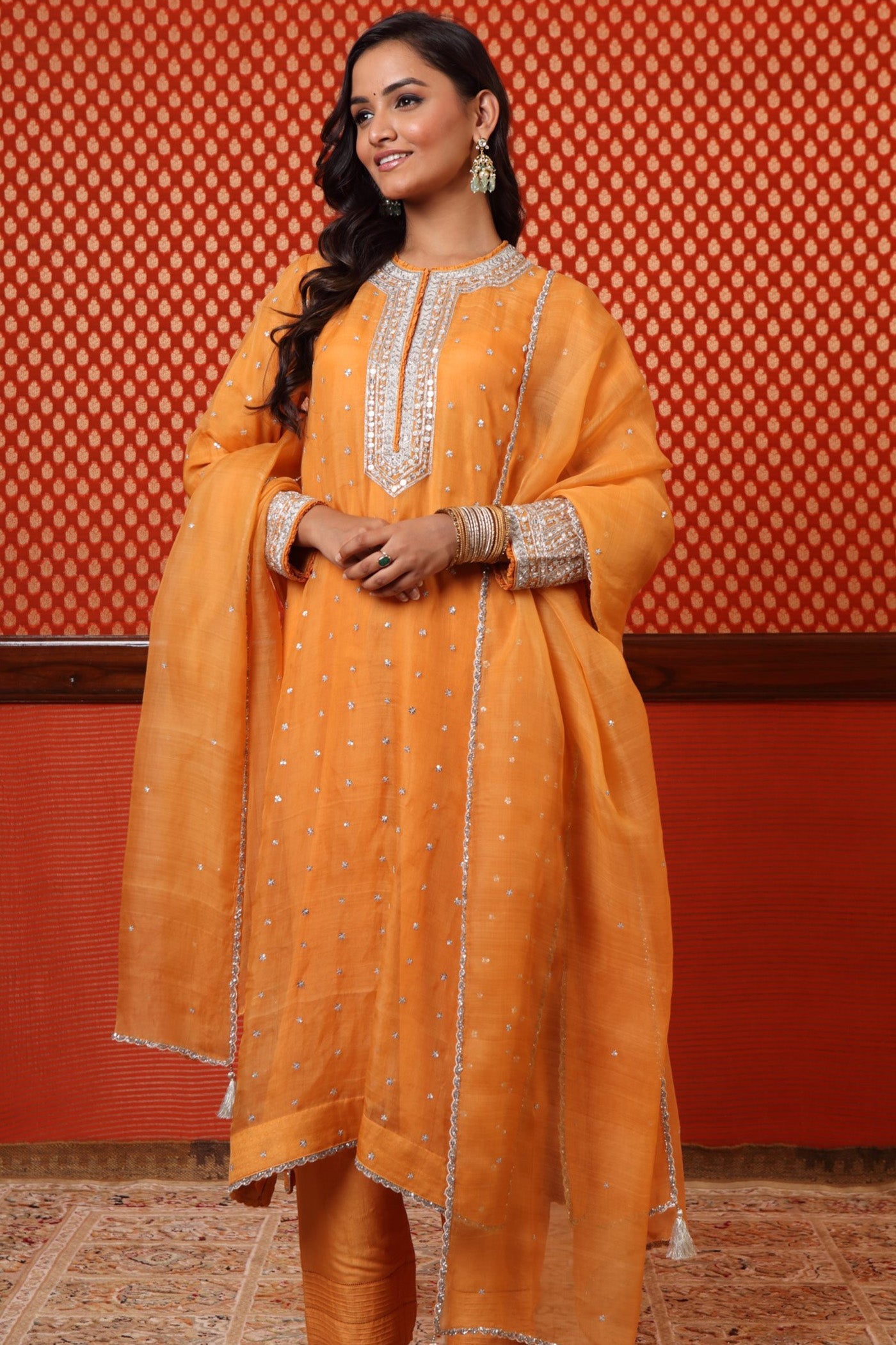 Hand Embroidered Mango Yellow Pure Katan Silk Kurta Pants Set