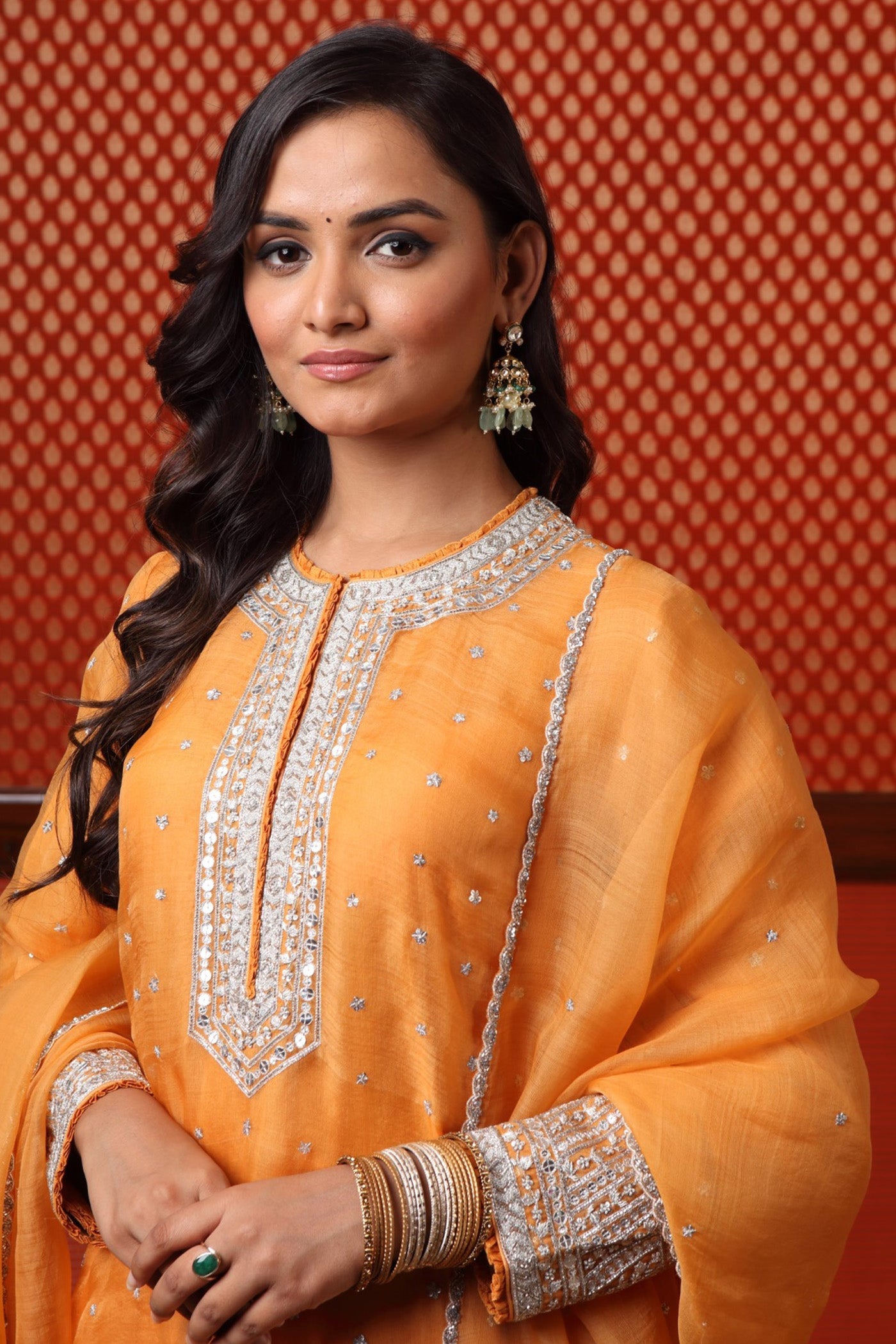 Hand Embroidered Mango Yellow Pure Katan Silk Kurta Pants Set