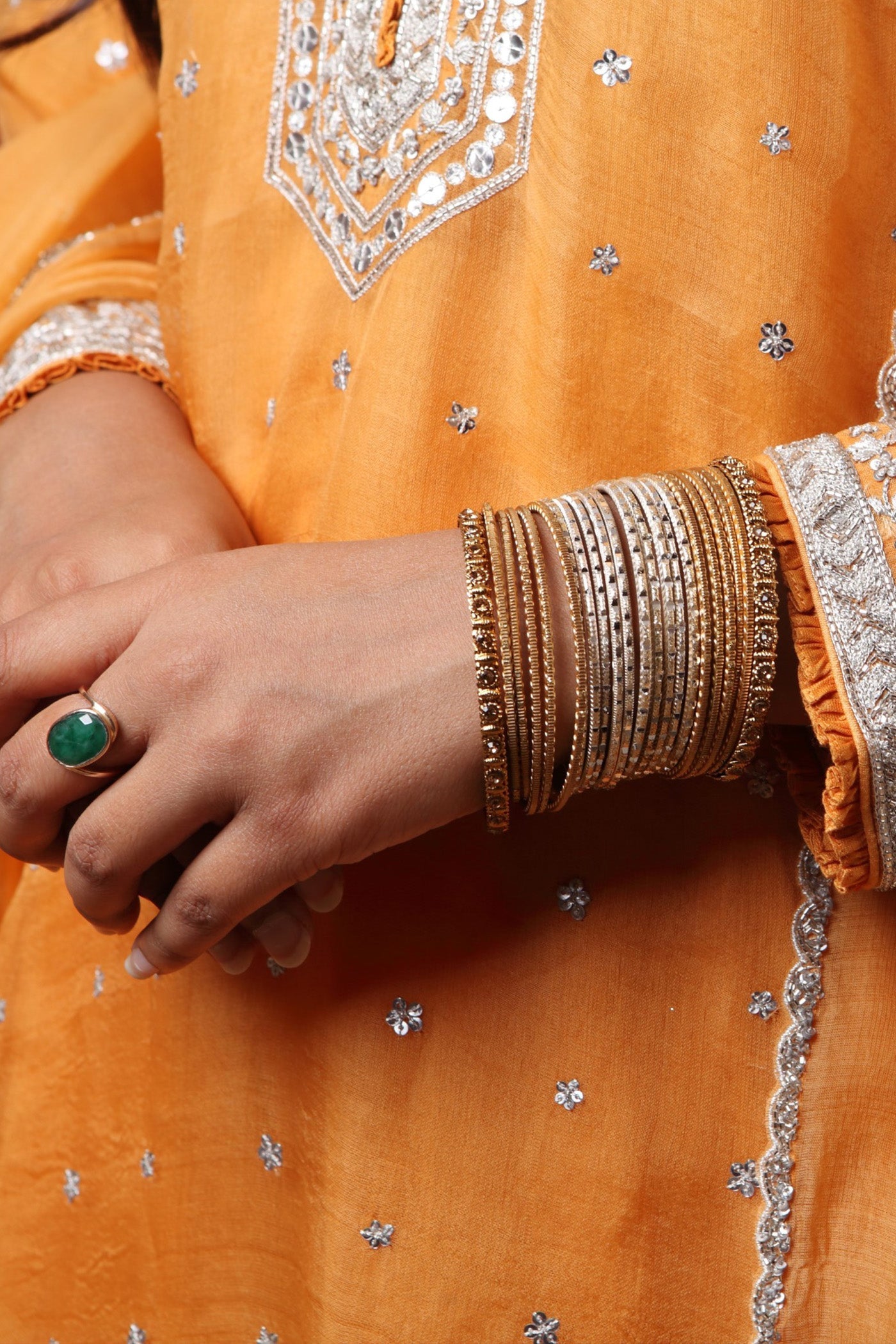 Hand Embroidered Mango Yellow Pure Katan Silk Kurta Pants Set