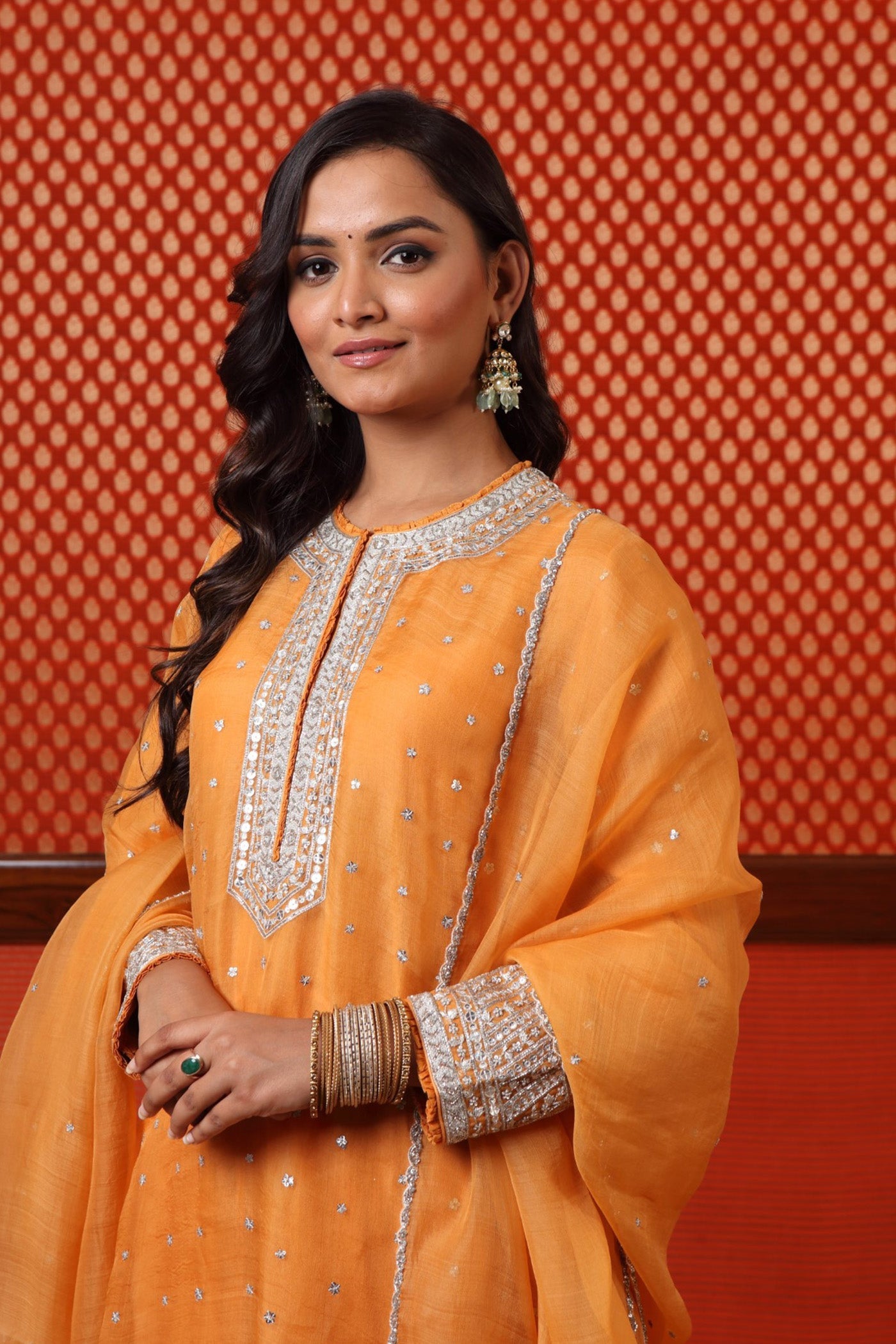 Hand Embroidered Mango Yellow Pure Katan Silk Kurta Pants Set