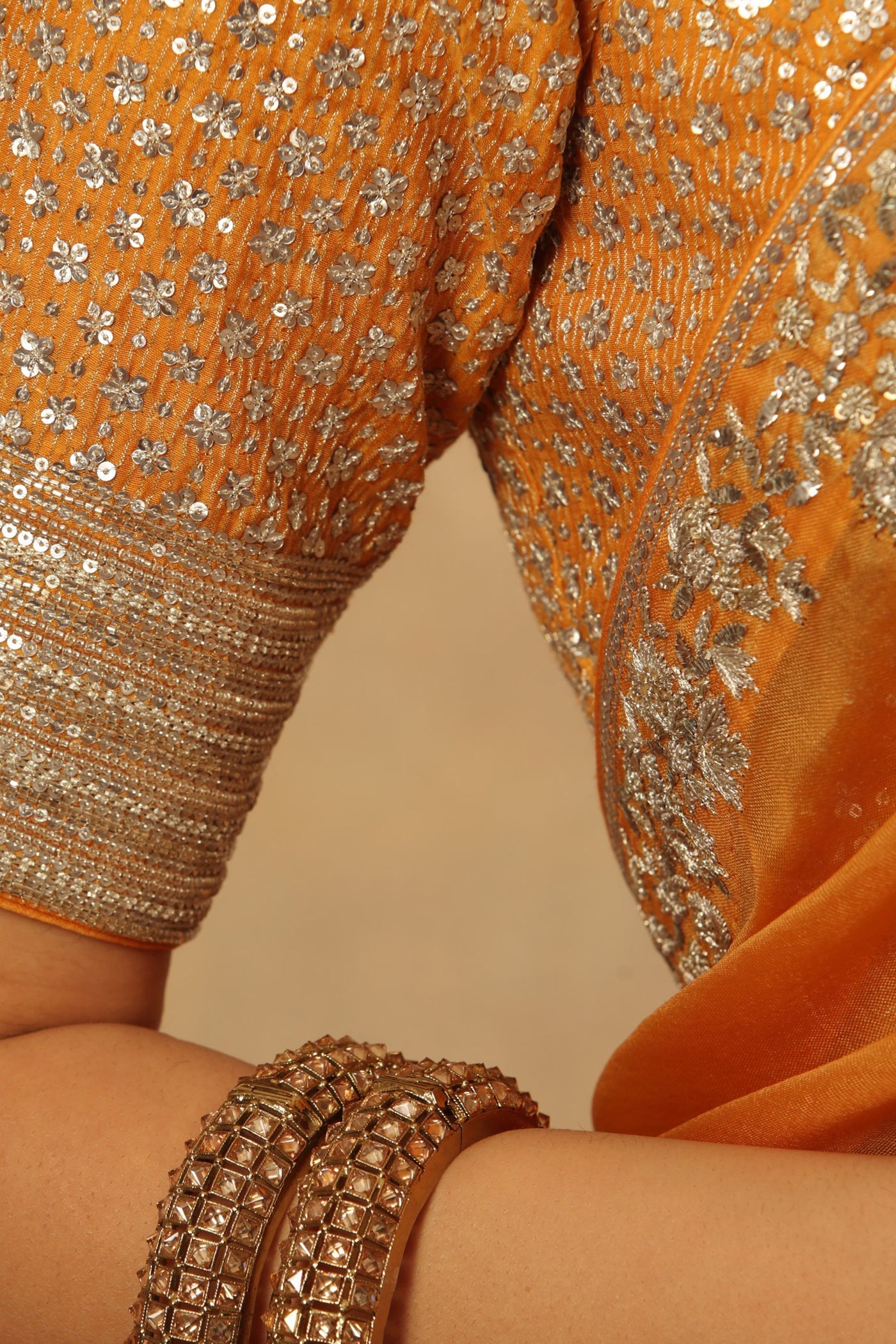 Hand Embroidered Marigold Yellow Pure Silk Organza Saree Blouse Set