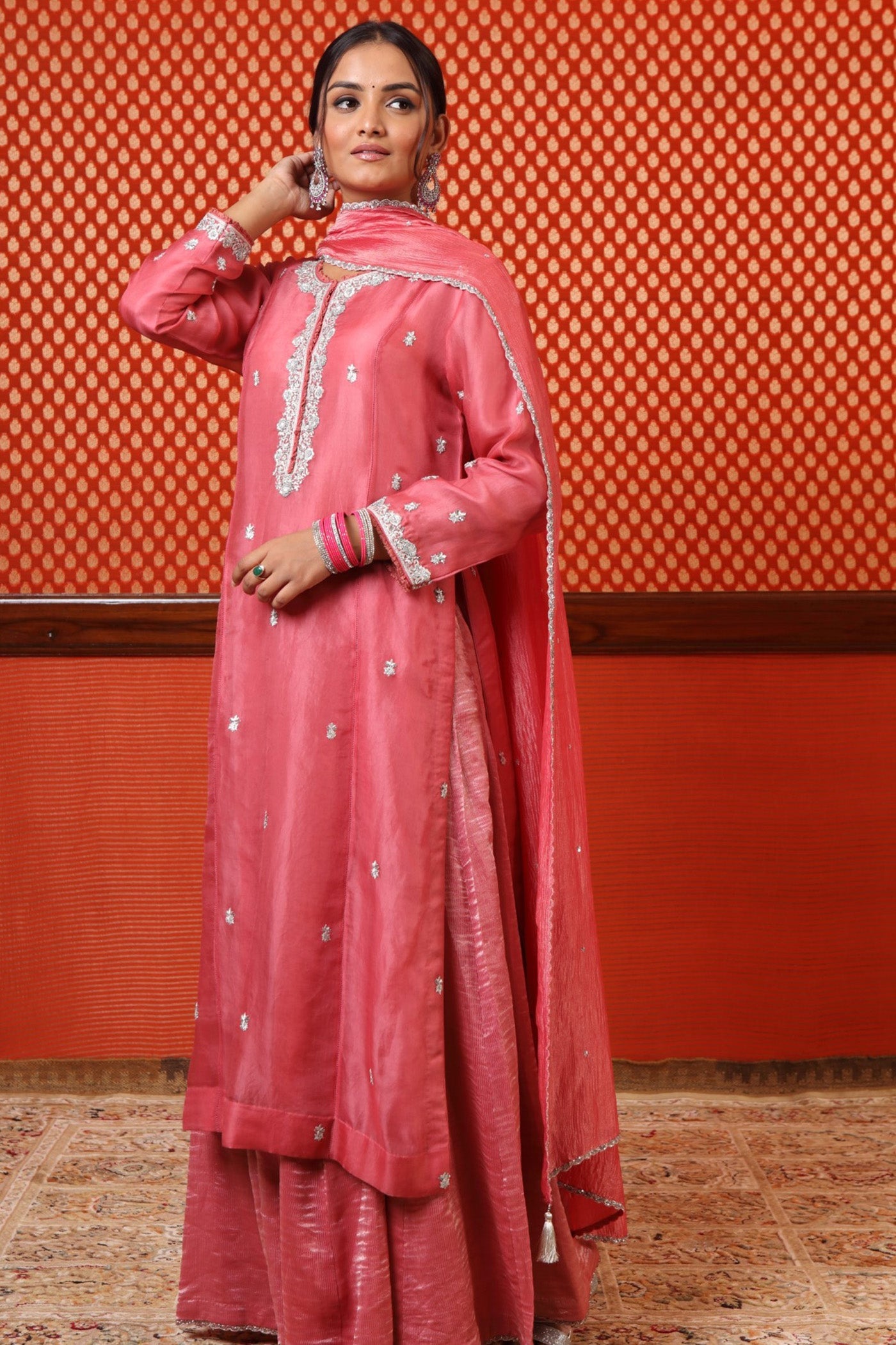 Hand Embroidered Dusty Candy Pink Pure Silk Organza Kurta Sharara Set