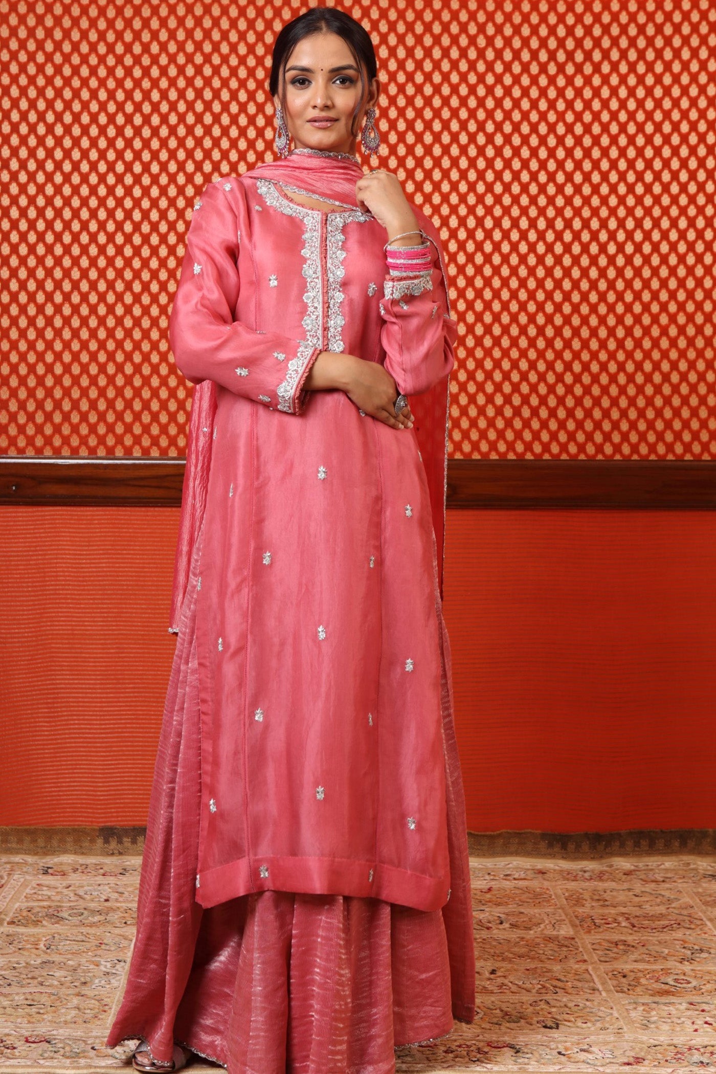 Hand Embroidered Dusty Candy Pink Pure Silk Organza Kurta Sharara Set