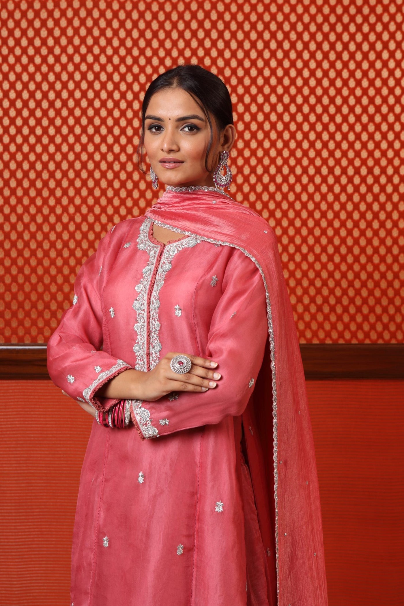 Hand Embroidered Dusty Candy Pink Pure Silk Organza Kurta Sharara Set