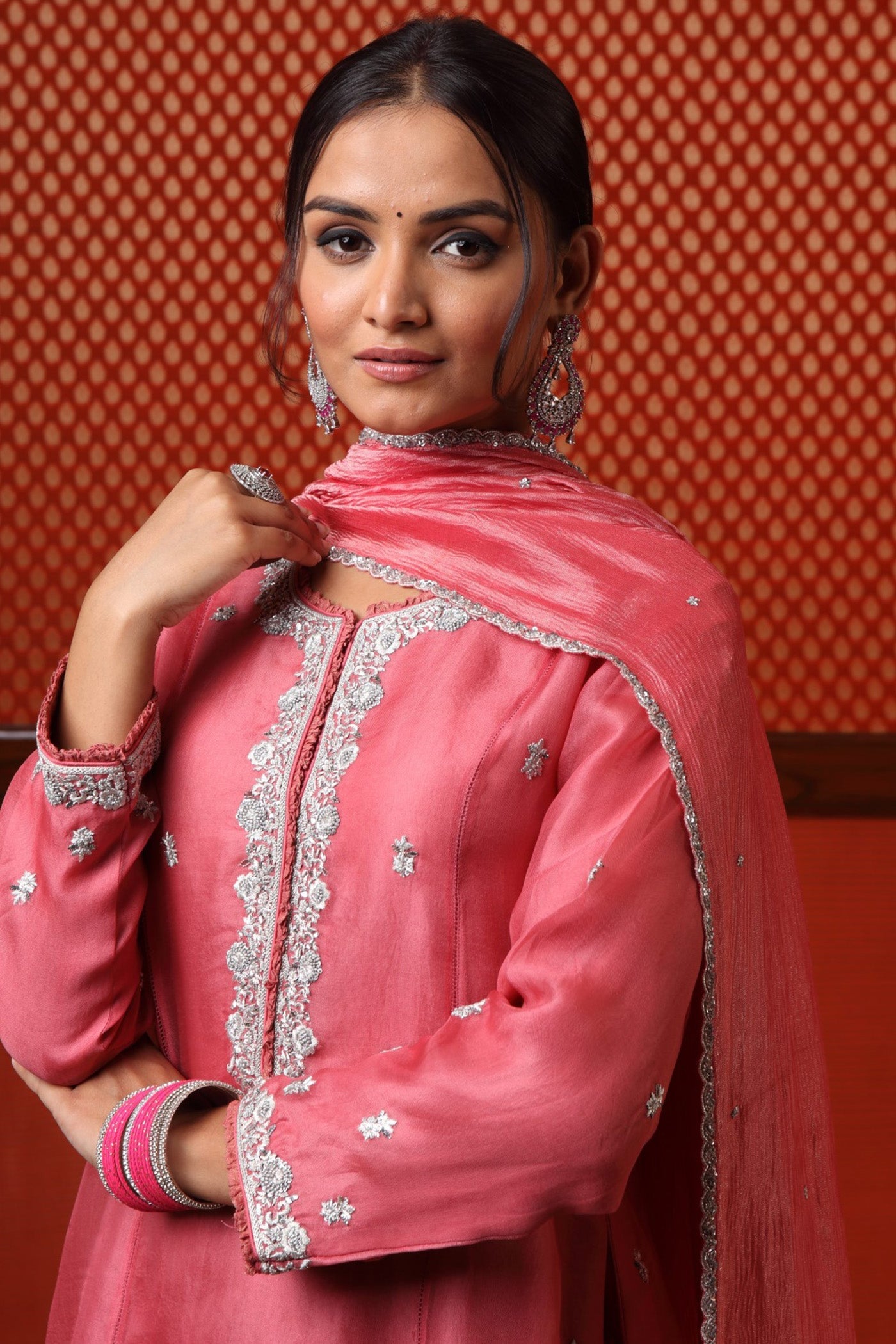 Hand Embroidered Dusty Candy Pink Pure Silk Organza Kurta Sharara Set
