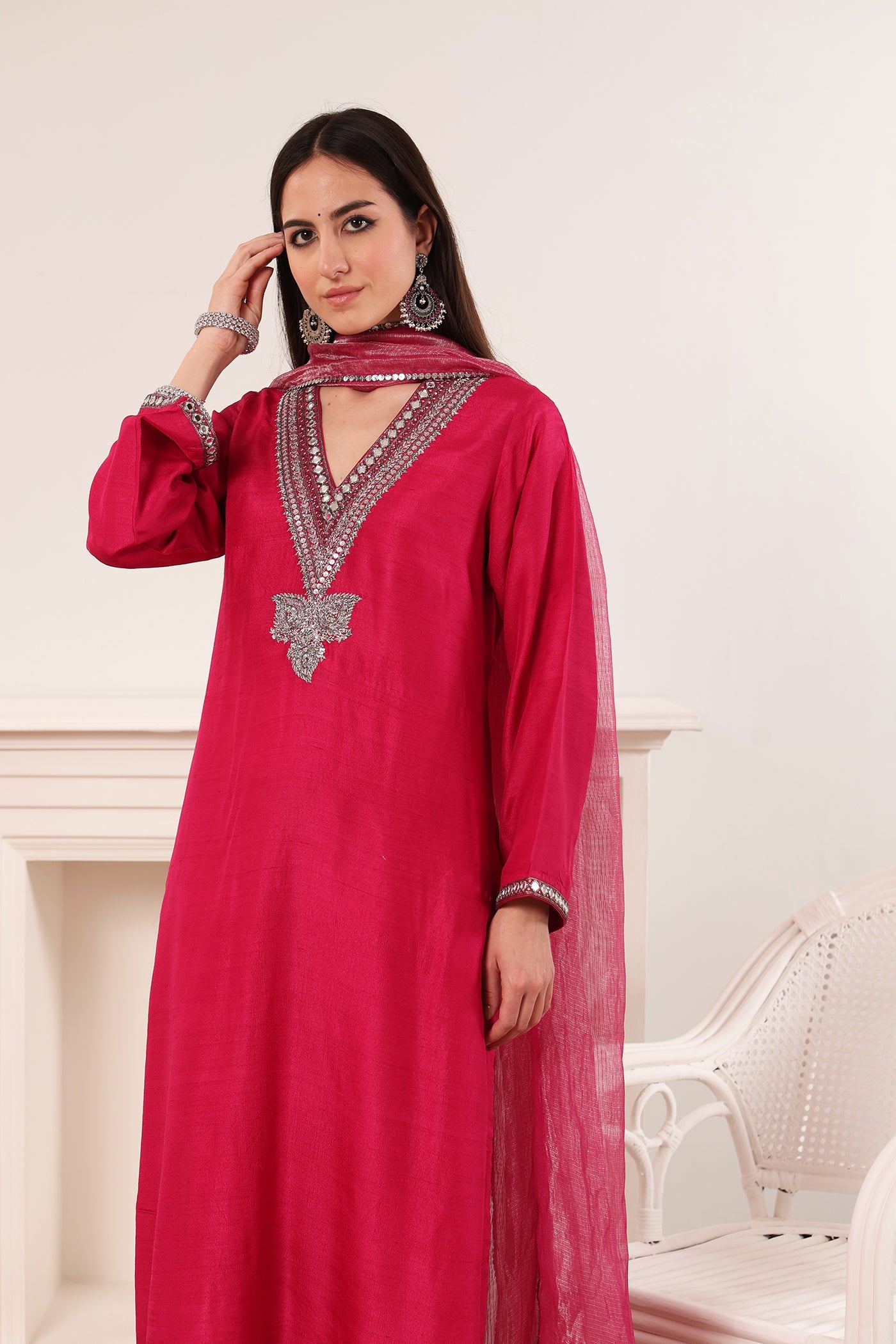 Rani-Pink Hand-Embroidered Pure Muga-Silk Kurta-Pants Set