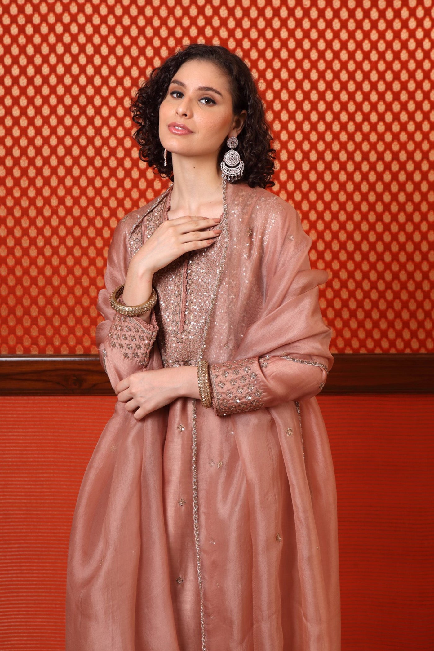 Hand Embroidered Rose Brown Pure Cotton Silk Kurta Pants Set