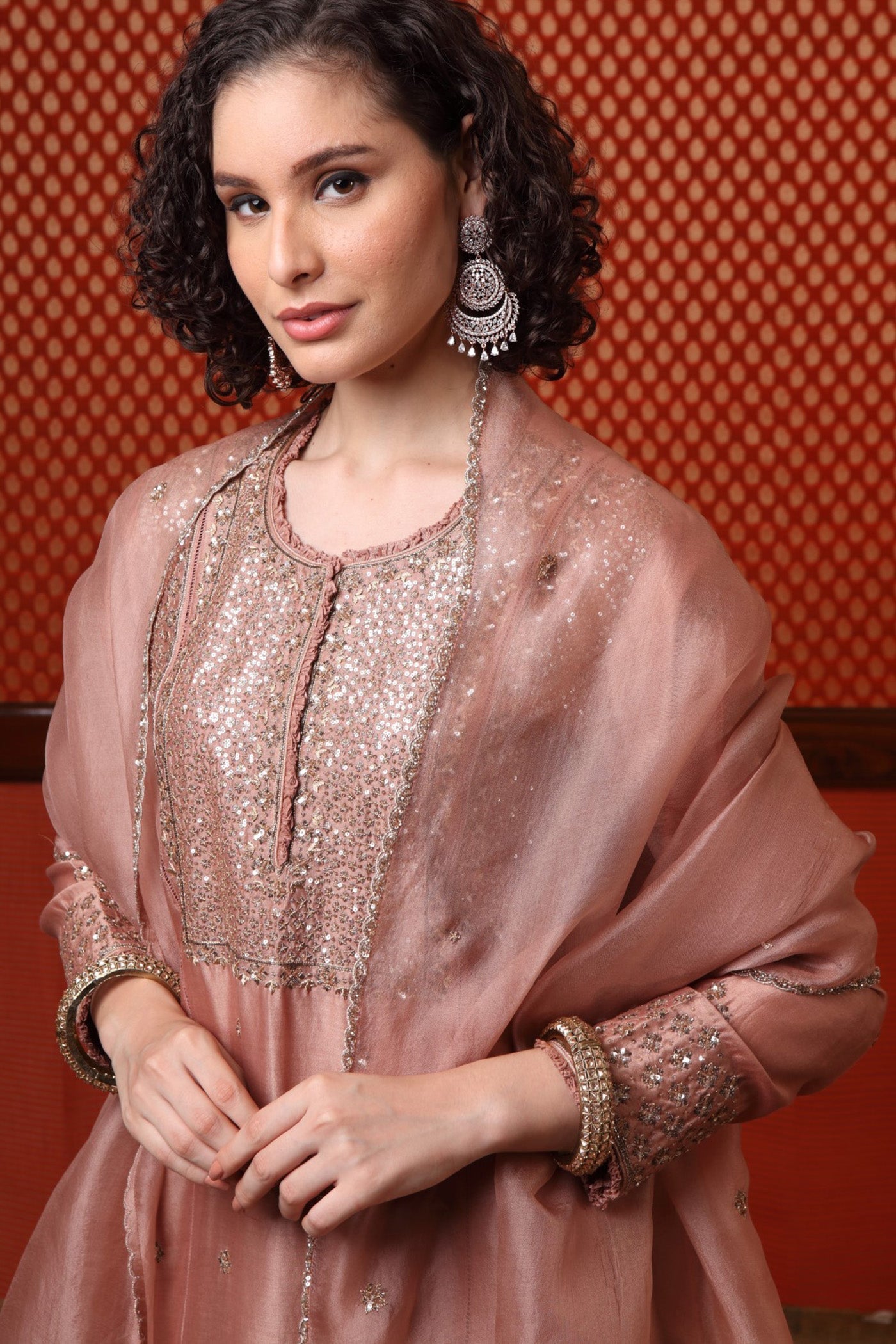 Hand Embroidered Rose Brown Pure Cotton Silk Kurta Pants Set