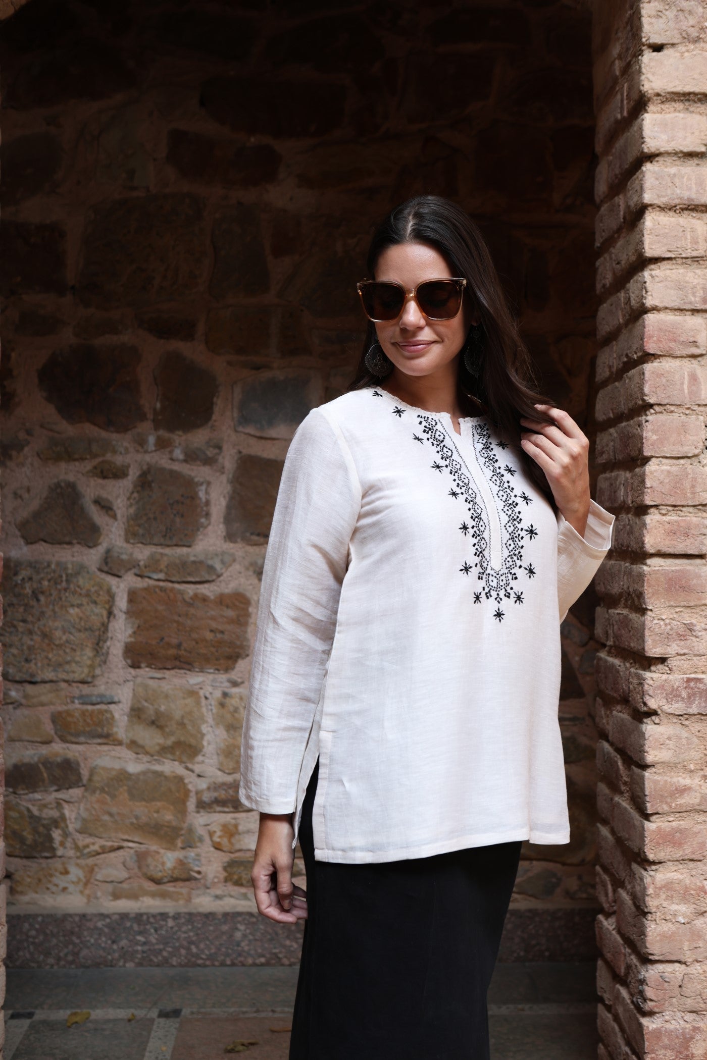 Ivory Embroidered Pure Linen-Silk Short-Blouse With Frilled Neckline